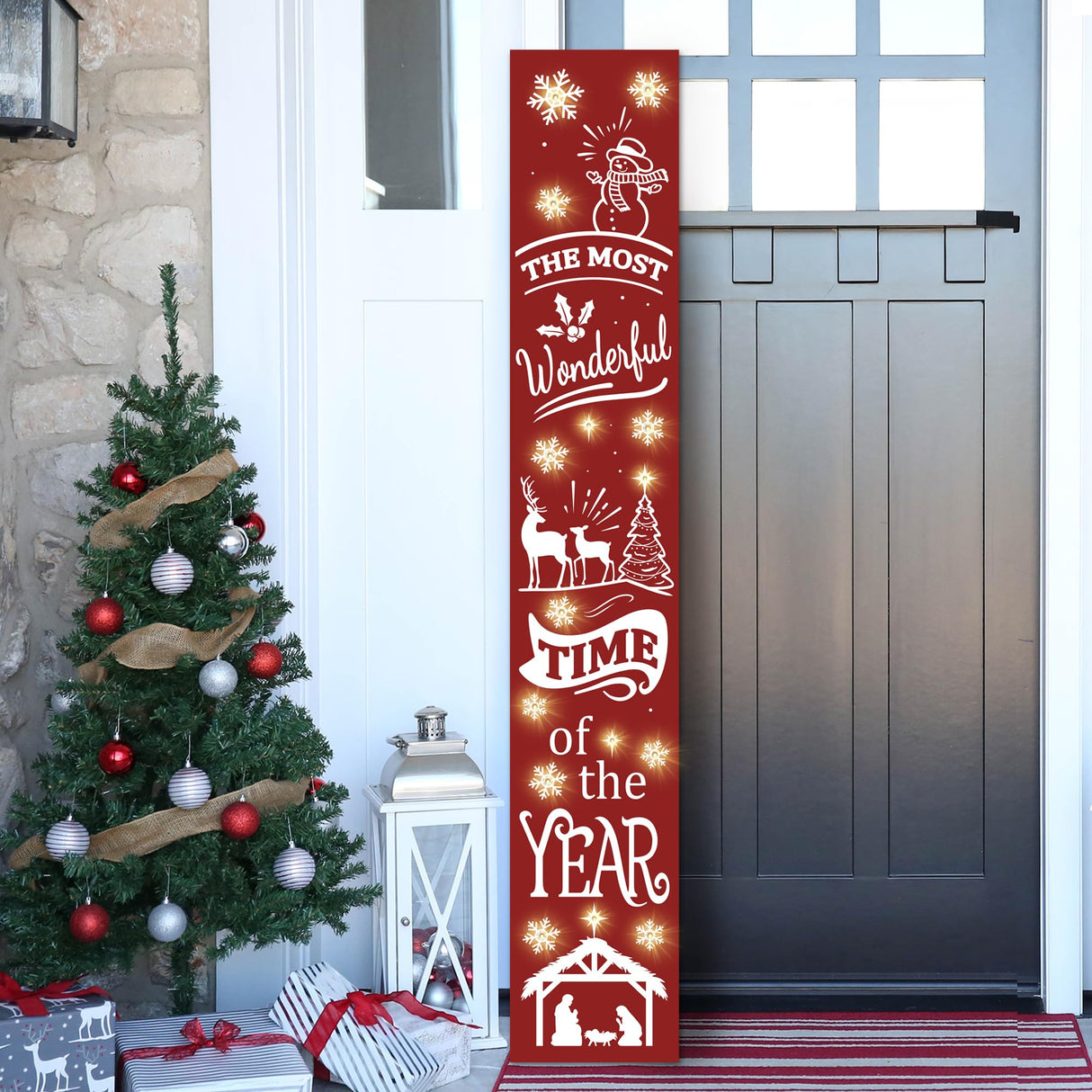 Lighted Wooden Welcome Sign, Merry Christmas Snowflake Elk Porch Sign for Front Door Decorations, Rustic Farmhouse Red Xmas Hanging Signs Wall Sign for Christmas Happy New Year Decor 47.2"H PEROUU