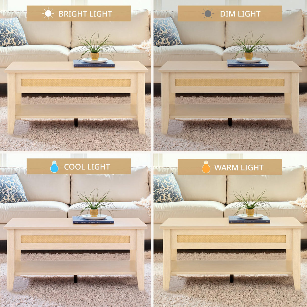 Ink+Ivy Wood Lift Top Coffee Table with Hidden Compartment and Large Storage Shelf, Boho Modern Rattan Dining Rectangle Center Table for Home Living Room Office, 34.5" W, Natural