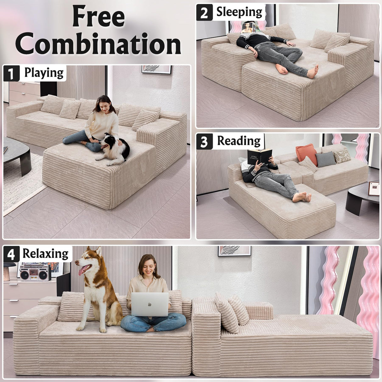 Boneless Modular Sectional Sofa, Cloud Couch with Right Facing Chaise, Oversized Deep Seat, L-Shaped, Soft Corduroy Fabric, Sectional Couch for Living Room -Beigey NMXUXMN