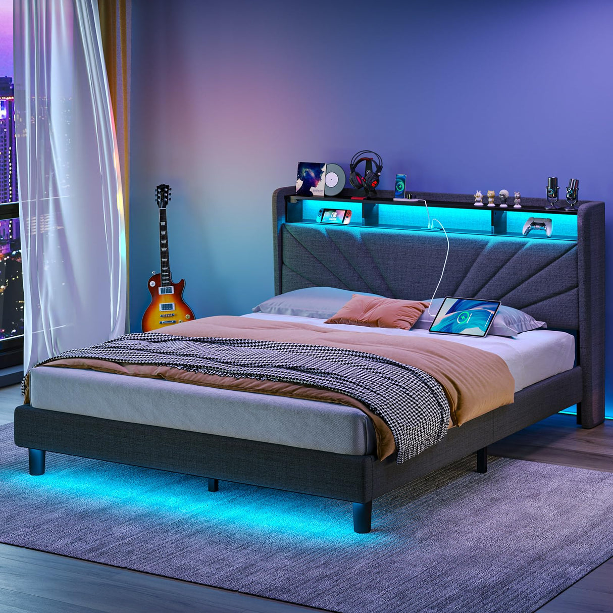 Rolanstar Full Size Bed Frame, Storage Headboard with Charging Station and LED Lights, Upholstered Bed with Heavy Duty Wood Slats, No Box Spring Needed, Noise Free, Easy Assembly, Dark Grey Rolanstar