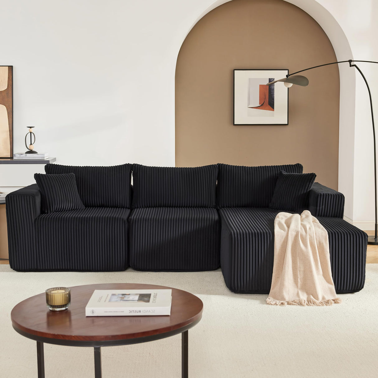 97" Boneless Couches for Living Room, Cloud Couch Sectional with Deep Seat, Comfy Couch with L-Shaped Chaise, Minimalist Upholstered Modular Sectional Sofa, No Assembly Required (Corduroy,Black) Huatean Home