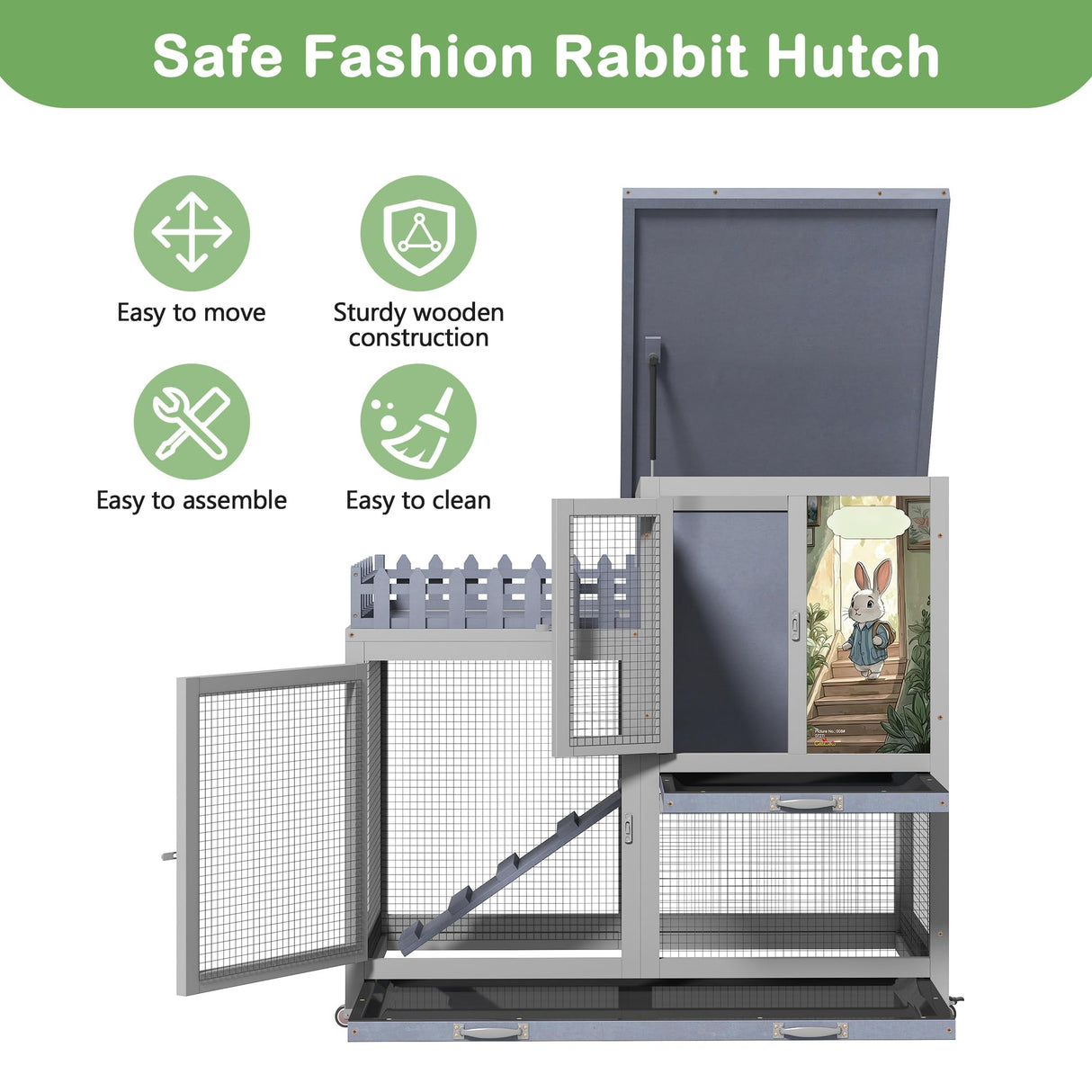 cozivvovv Wood Rabbit Hutch with Balcony - Small Animal House Bunny Cage on Wheels for Indoor Outdoor, Rabbit Cage Included Ramp, Pull Out Tray, (Grey with Pattern) COZIVVOVV