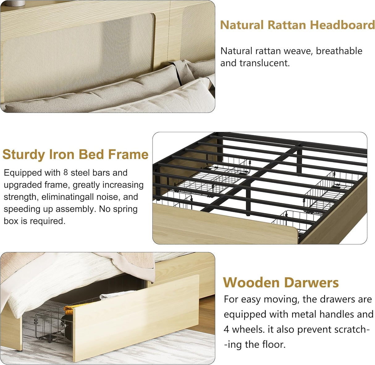 PAKASEPT Queen Bed Frame with Natural Rattan Headboard and Wooden 4 Storage Drawers, Metal Platform Boho Bed Frame, Built in Charging Station & LED, Noise-Free/Metal Support/No Box Spring Needed PAKASEPT
