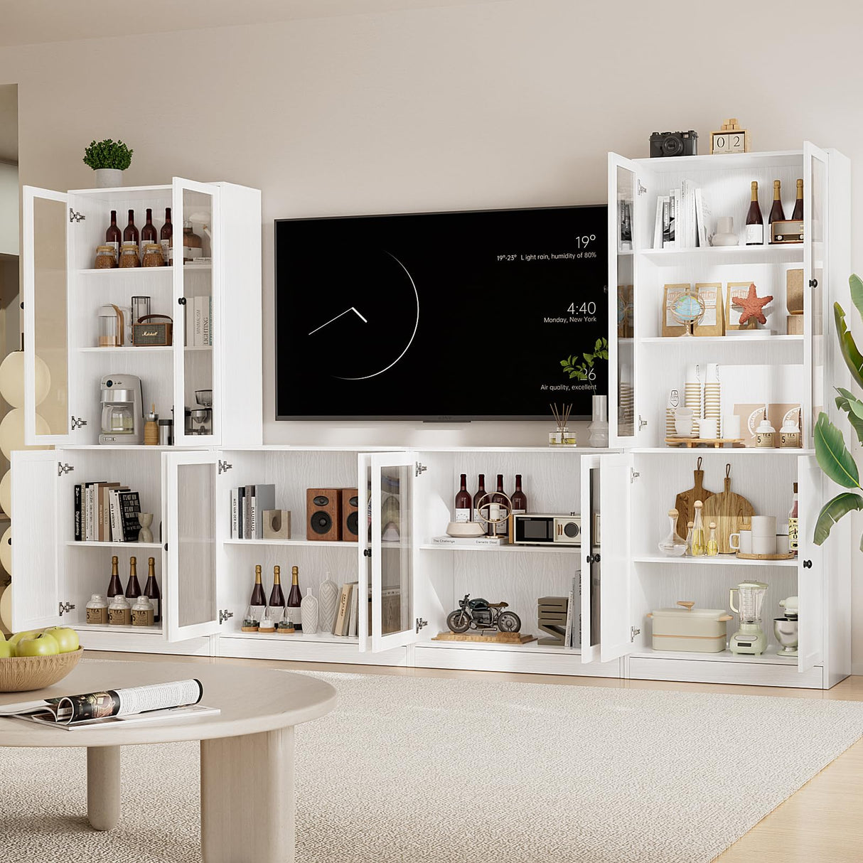 TUSY 4-Piece Large TV Stand with Bookshelves for TVs up to 75", TV Entertainment Center Media Center with Tempered Glass Doors and Shelves, TV Hutch for Living Room White (2B+2D) TUSY