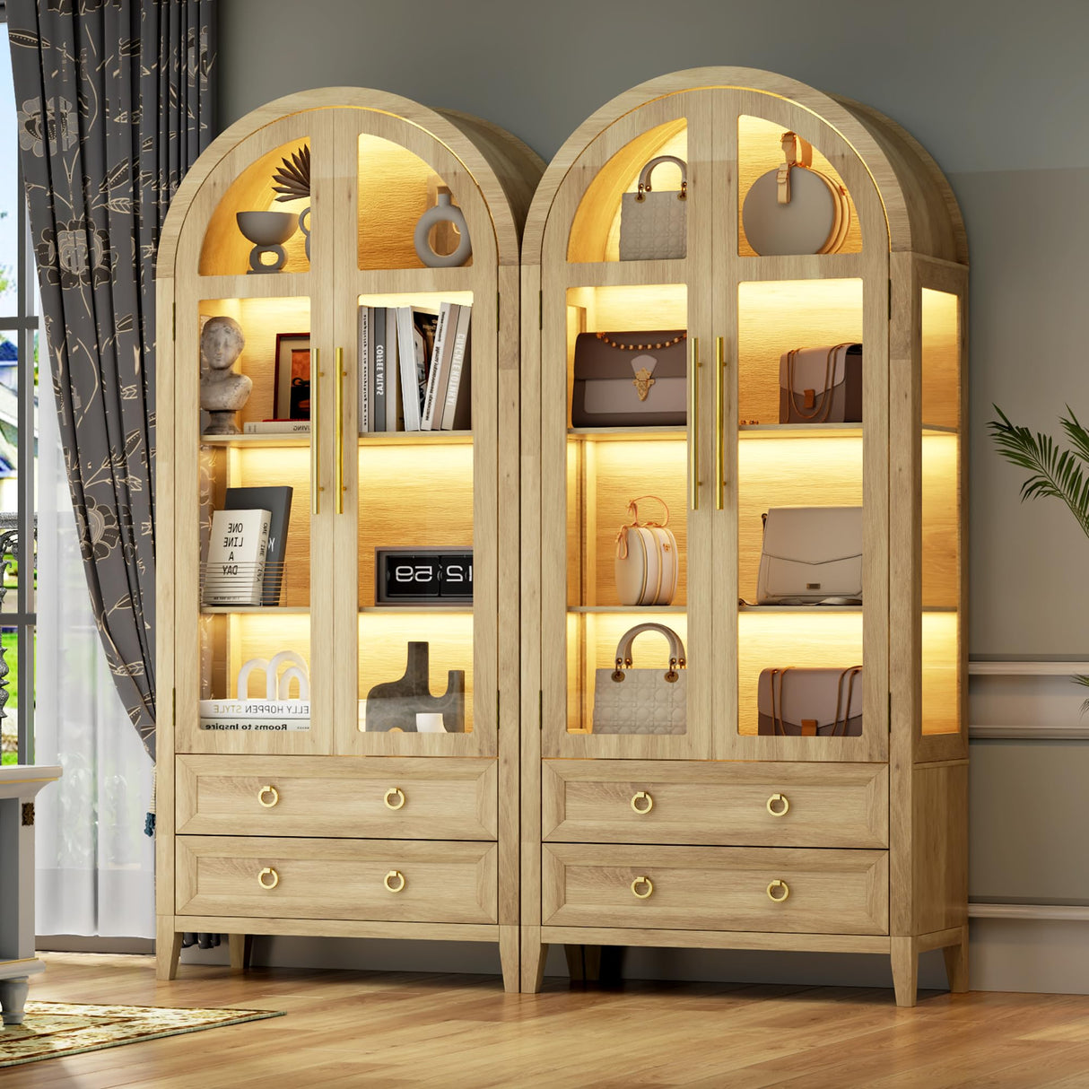 Vlsrka 71" Arched Curio Cabinet with Glass Doors, 4-Shelves Display Cabinet and 2 Drawers, Display Case with 3 Color Lights, Tall Bookcase, Kitchen Pantry, Wood Color Vlsrka