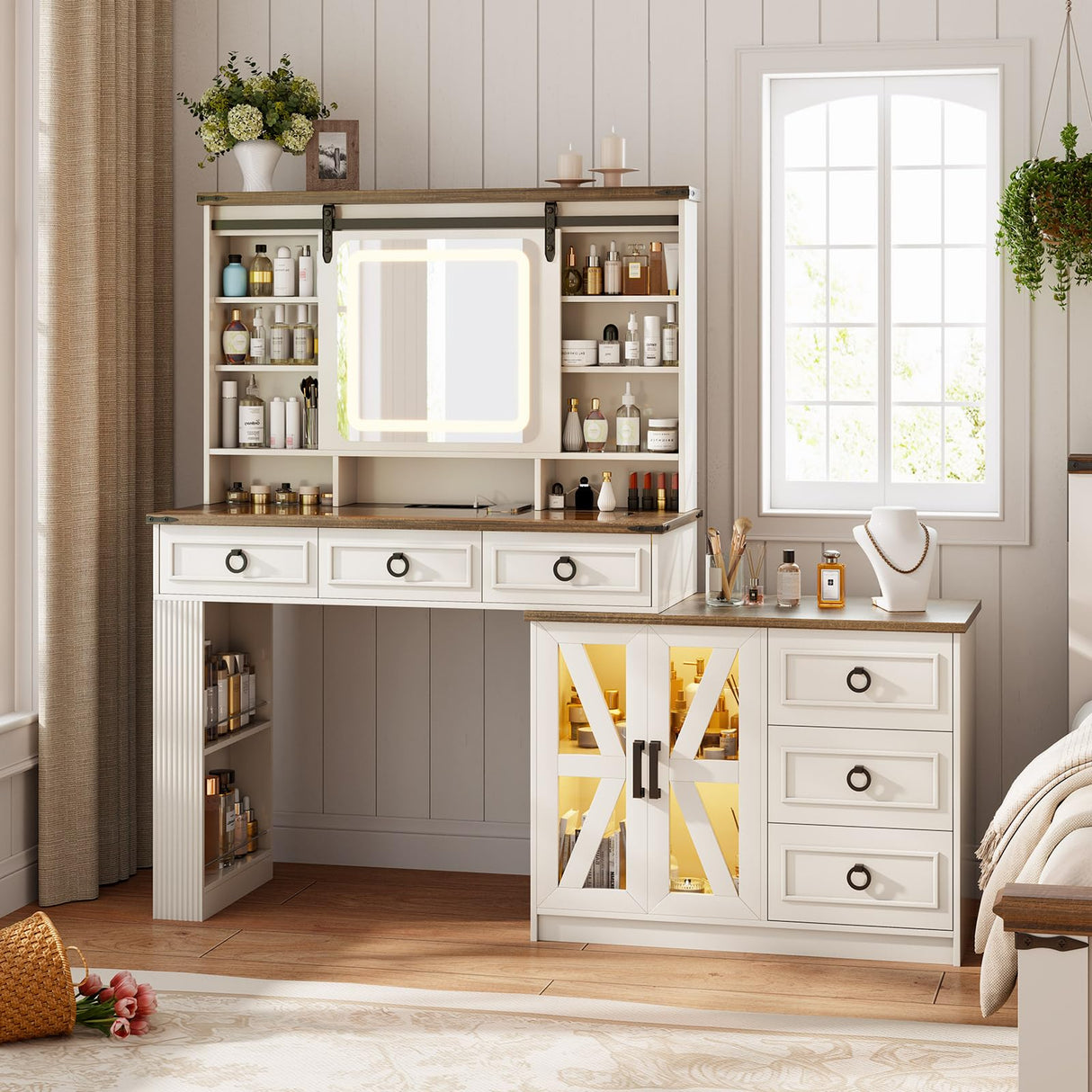 MDGC 60" W Farmhouse Makeup Vanity Desk with Sliding Mirror and Lights, Charging Glass Top Large Vanity Table with Jewelry Storage,Vanity Set with 6 Drawers,10 Shelves,Side Storage Cabinet,White MDGC