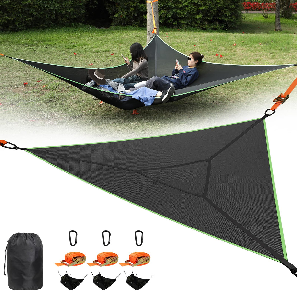 LACE INN Triangle Hammock, 13ft Camping Hammock with 3 Ratchet Tie Down Straps and Storage Bag, 3 Point Hammocks Portable Max 800 Lbs for 2-3 Adult Kid, Multi Person Tree Hammock for Outside Travel LACE INN