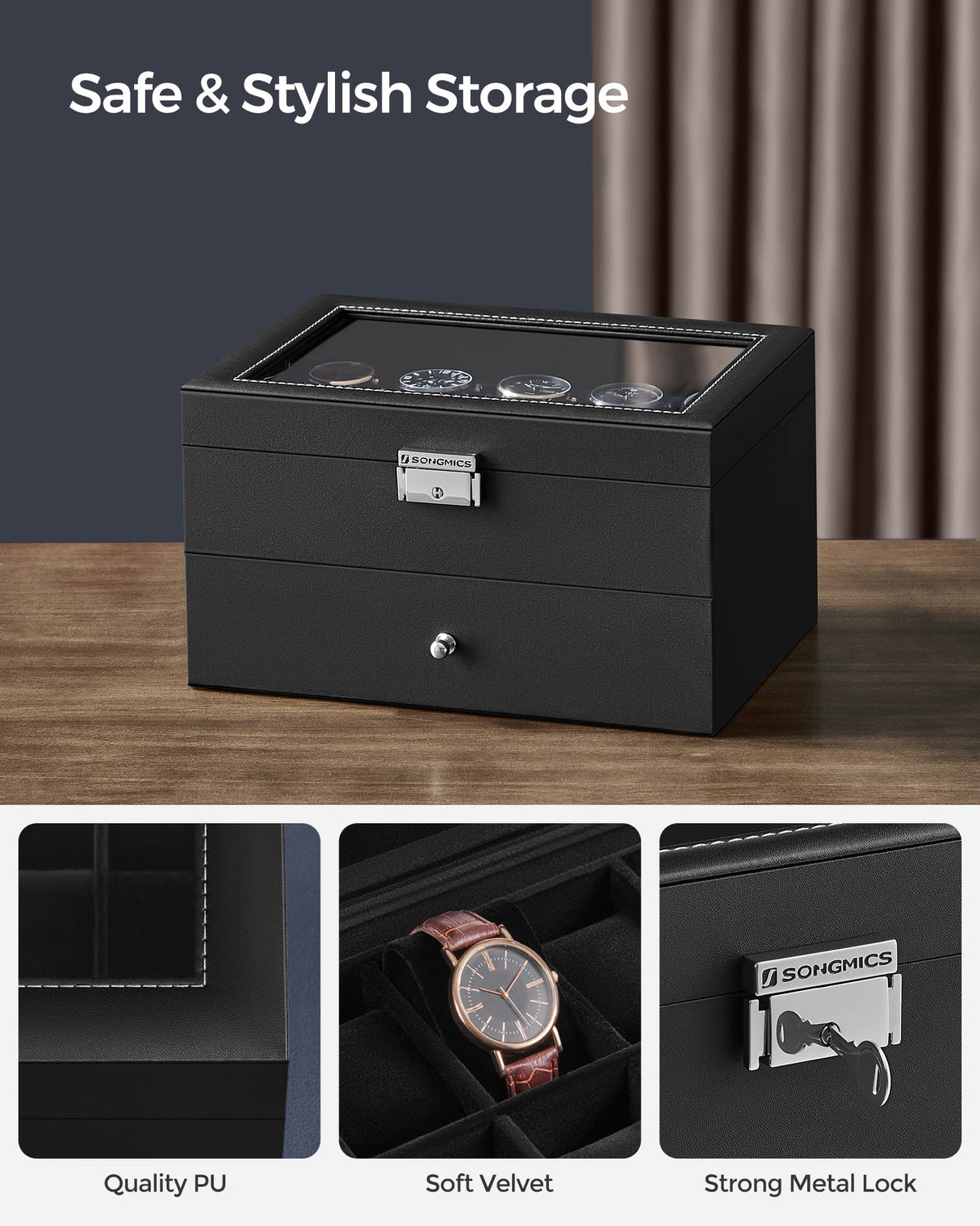 SONGMICS 20-Slot Watch Box, Watch Case with Glass Lid, 2 Layers, Lockable Watch Display Case, Black Synthetic Leather, Black Lining UJWB020B01 SONGMICS