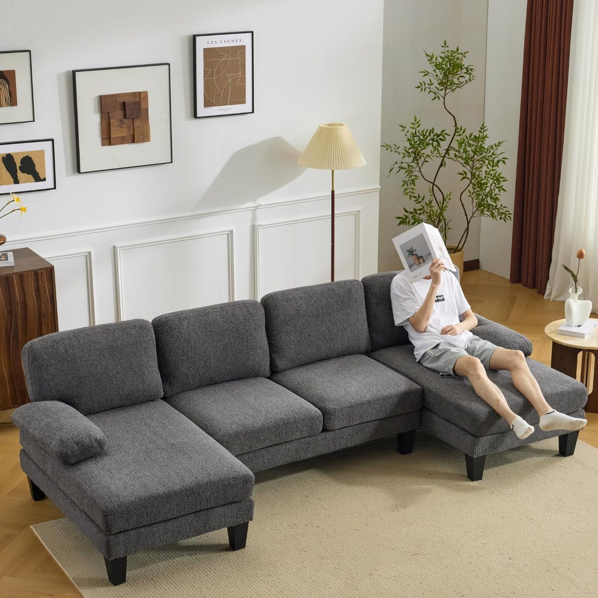 VINGLI 110' U-Shaped Sectional Couch with Two Chaise, Affordable Small Sofa with 4 Seats, Chenille Fabric Comfy Couches for Living Room, Dark Grey VINGLI