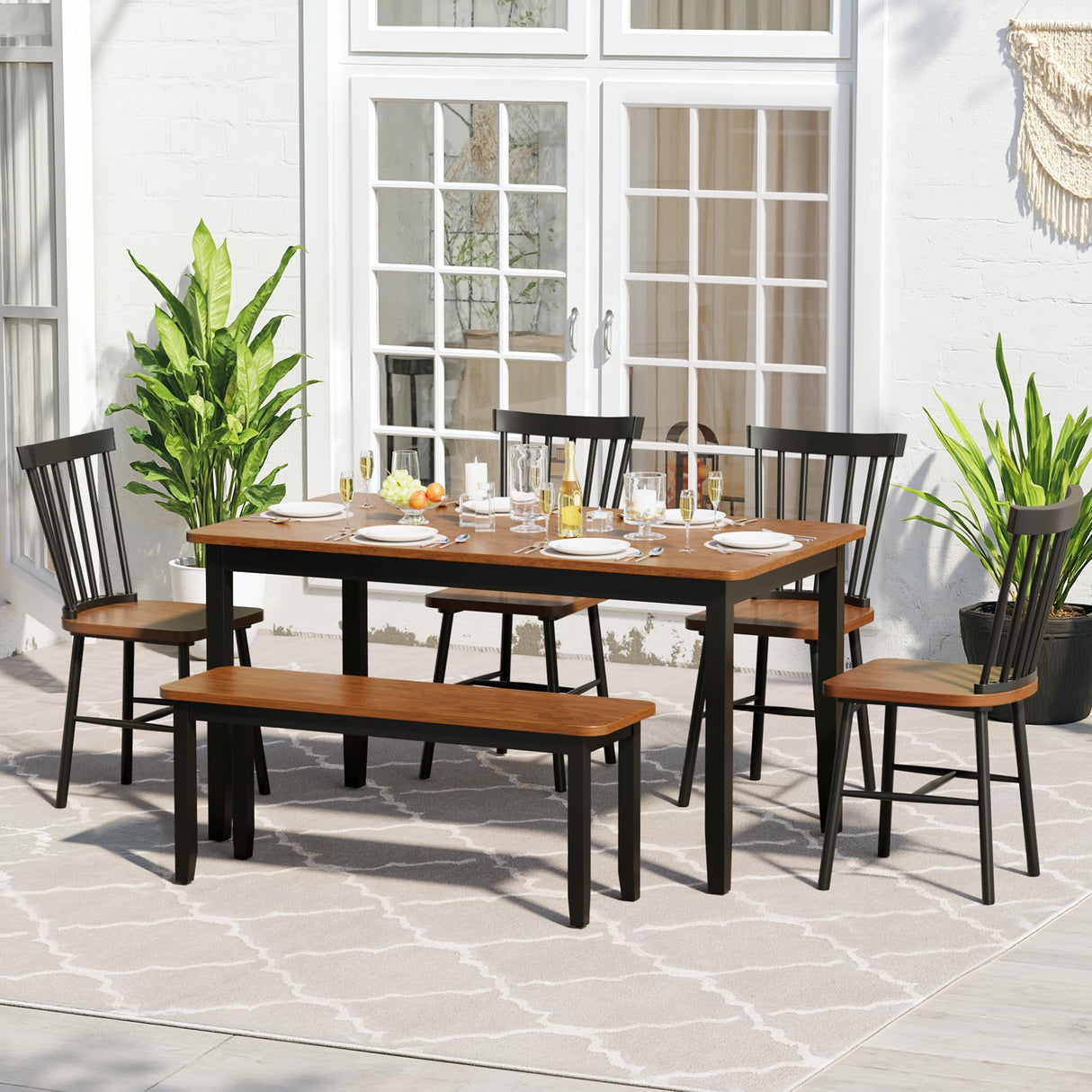 JUMMICO Solid Wood 6 Piece Dining Table Set, Modern 58"/W Kitchen Table Set for 6 with 4 Windsor Chairs & 1 Bench, Kitchen & Dining Room Sets for Kitchen, Restaurant (Brown & Black) JUMMICO