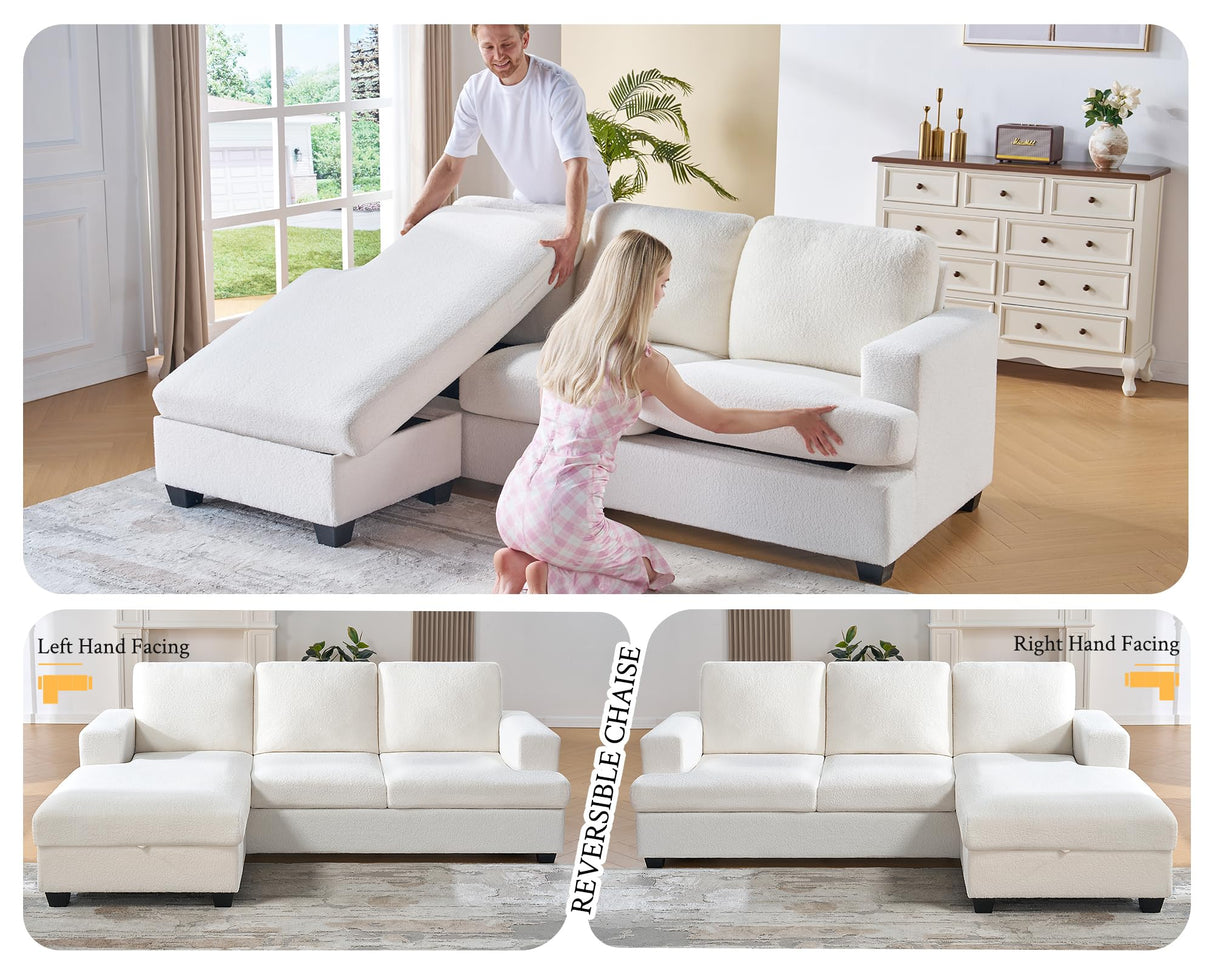 VanAcc 89 Inch Reversible L Shape Sofa, Convertible Sofa with Storage, L Shape Couch with Chaise, Comfy Couches for Living Room, White Bouclé VanAcc