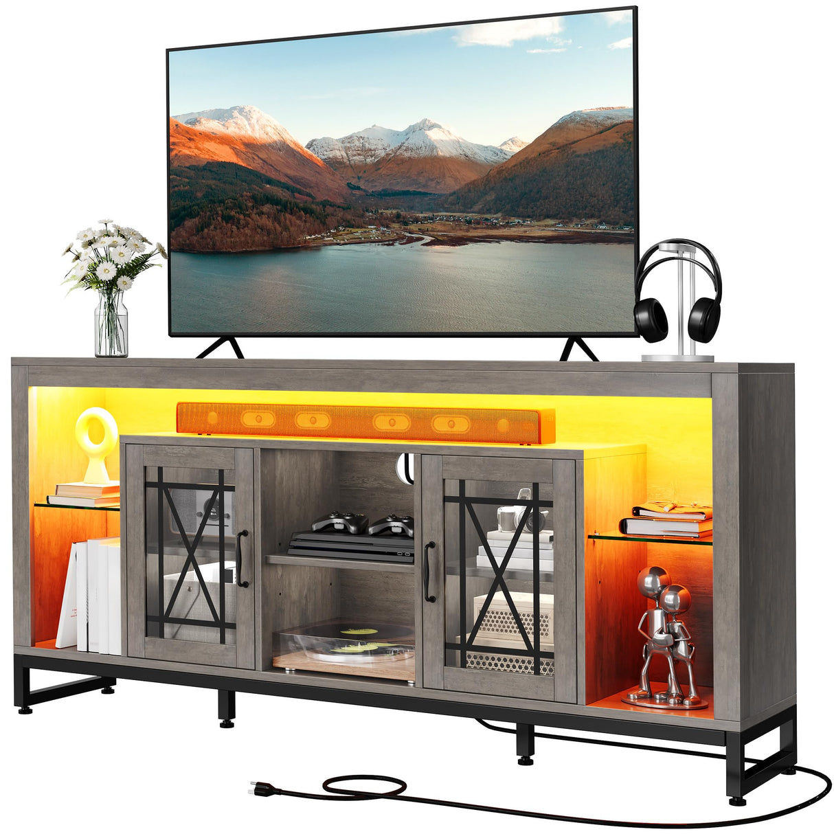 YITAHOME 33.5'' Tall TV Stand for 75 inch TV, LED Entertainment Center with Storage, Grey TV Stands for Living Room with Acrylic Doors & Power Outlets, Tall TV Console Cabinet, Grey YITAHOME