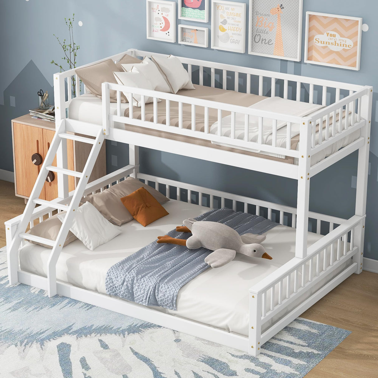 Merax Twin XL Over Queen Floor Bunk Bed, Kids White Wood Bunk Bed Frame with Ladder & Guardrails, Space Saving Teens Youths Beds for Bedroom, Guest Room, Noise Free, No Box Spring Needed, White Merax