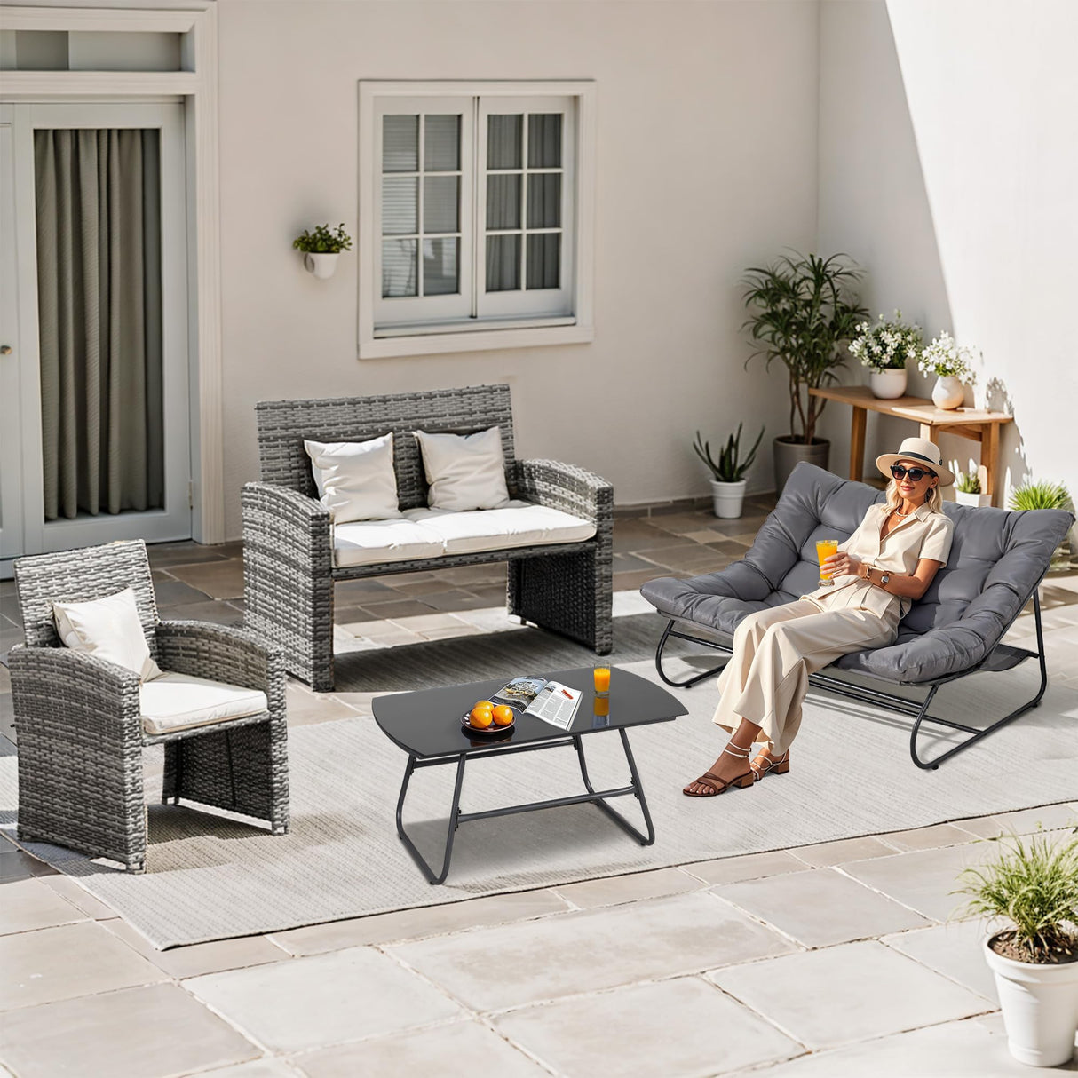 NOBLEMOOD 2 Pieces Patio Loveseat Set with Coffee Table, Outdoor Indoor Cushioned Love Seat, Metal Frame Oversized 2 Seater Chair for Porch, Garden, Living Room, Balcony NOBLEMOOD