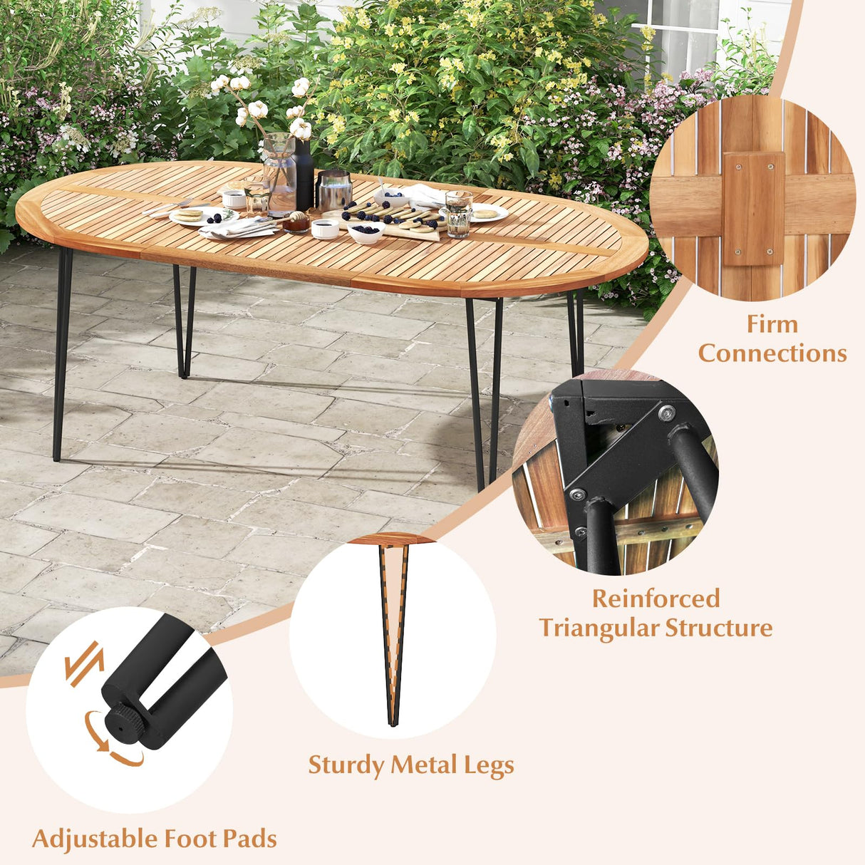 Tangkula 79-Inch Patio Dining Table, Indoor & Outdoor Dining Table w/Umbrella Hole, Acacia Wood Tabletop & Sturdy Metal Legs, Wood Oval Table for 8 People for Patio Yard Garden Deck (Natural) Tangkula