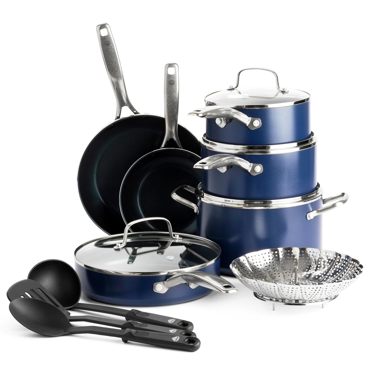 Blue Diamond 14 Piece Cookware Set, Diamond Infused PFAS & PFOA-Free Ceramic Nonstick Pots and Pans, Durable Nontoxic Metal Utensil Safe & Scratch Resistant, Dishwasher & Oven Safe, Blue Blue Diamond