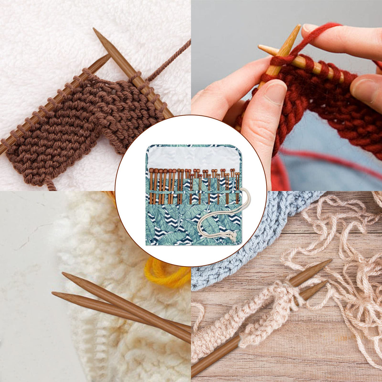 Aeelike Bamboo Knitting Needles 18 Pairs Knitting Needles Set - 10 Inches Wooden Knitting Needle Single Point Knitting Needles with Roll Bag - Portable Knitting Needle Set for Beginners (2mm - 10mm) Aeelike