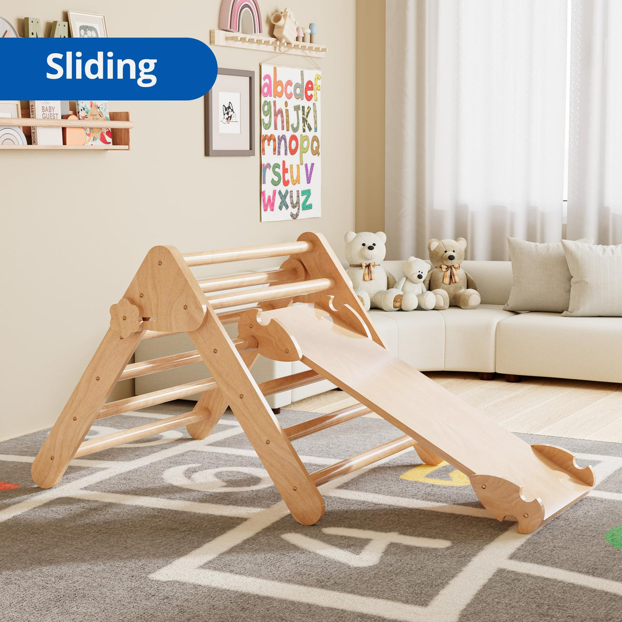 Cozy Castle 5 in 1 Pikler Triangle Set, Foldable Climbing Toys Indoor Playground, with Arch Climber, Rocker, Jungle Gym, Oak Cozy Castle