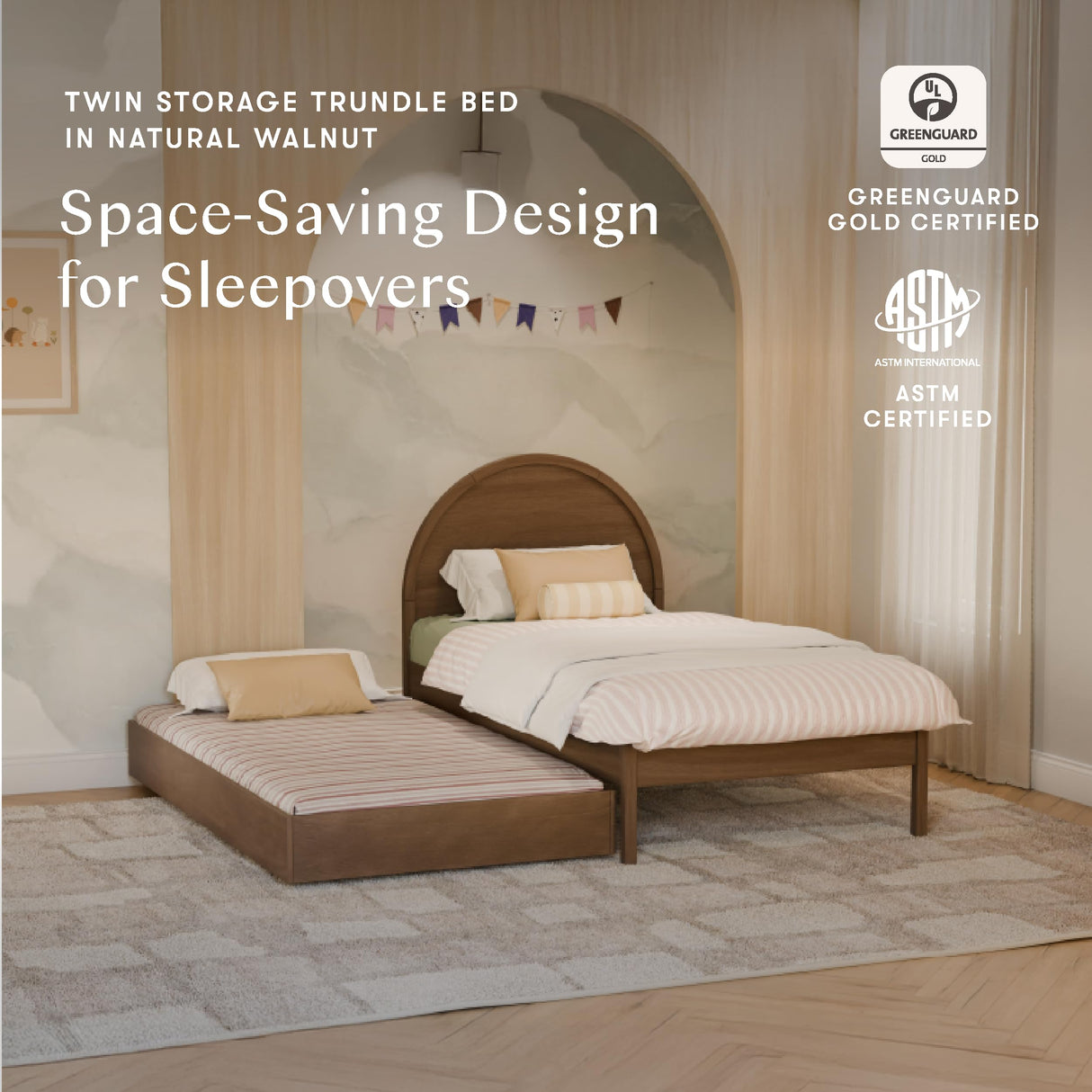 Babyletto Twin Trundle Bed with Storage - GREENGUARD Gold Trundle Storage Frame for Bondi Twin Beds - Fits Standard 5” Mattress - No Box Spring Required - Mattress Sold Separately - Natural Walnut babyletto