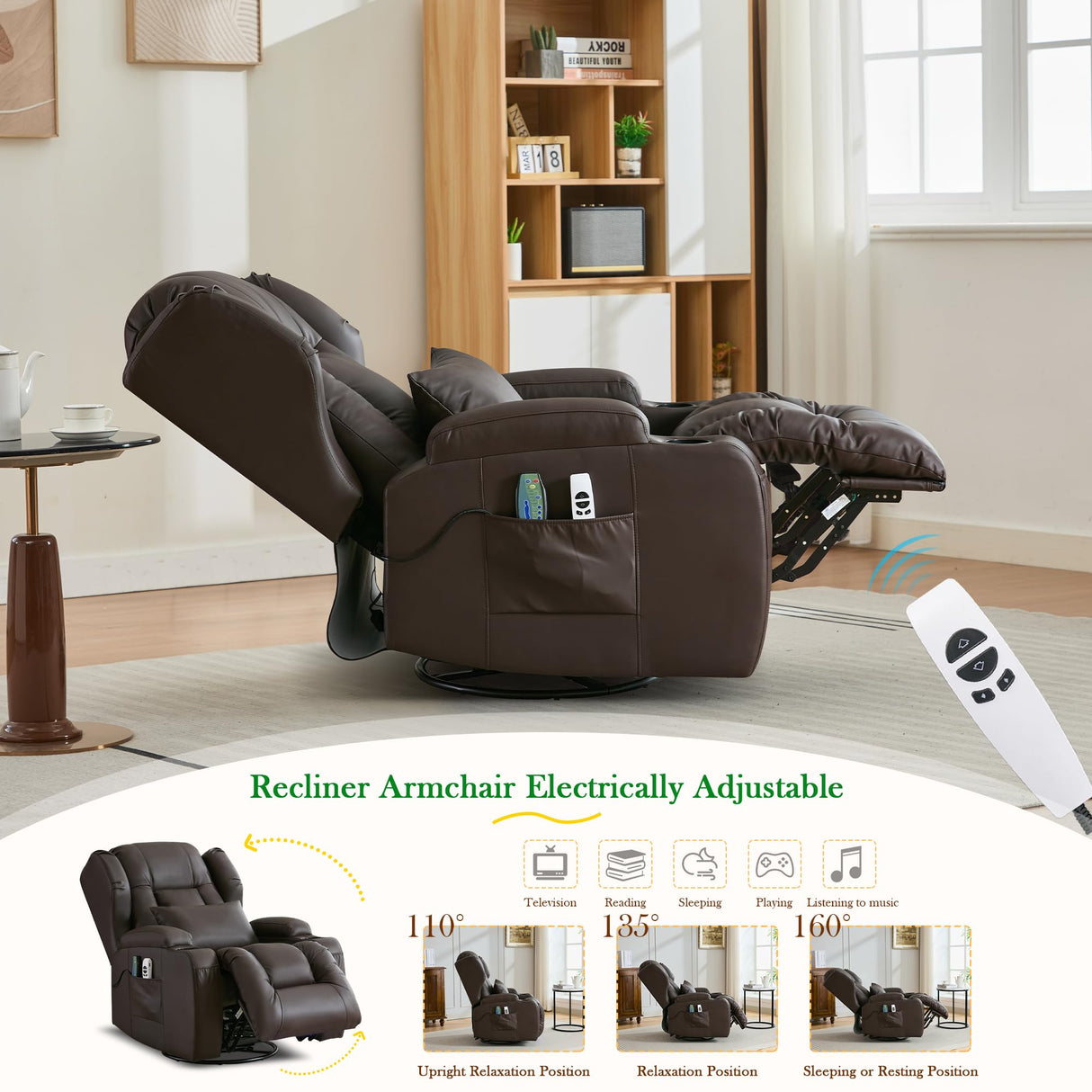 URRED Rocker Recliner Chair for Adults with Vibrating Massage and Heat, 270° Swivel Glider Rocking Chair Nursery Power Reclining Sofa with Ambient Lighting, Cup Holders, Faux Leather, Dark Brown URRED