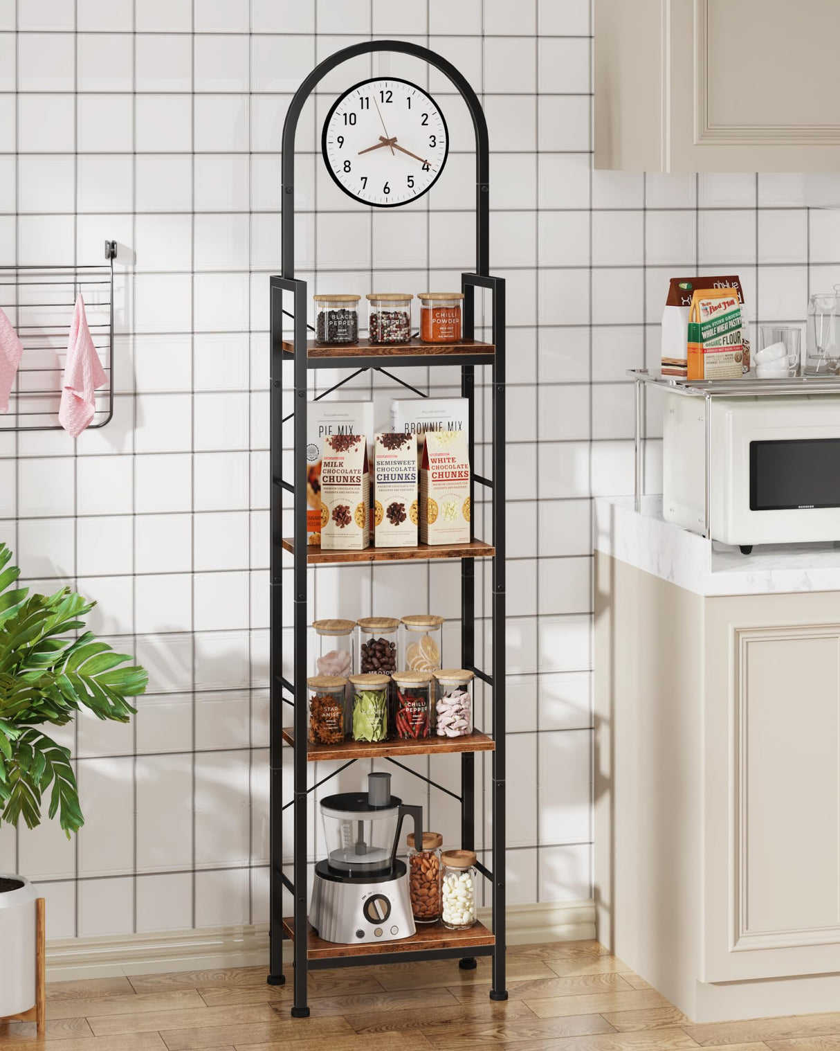 HIGDBFE Bookshelf, 4 Tier Arched Bookshelf with Built-in Clock, 68.2" Tall Narrow Bookcase, Modern Standing Book Shelf for Living Room, Bedroom, Home Office, Rustic Brown HIGDBFE