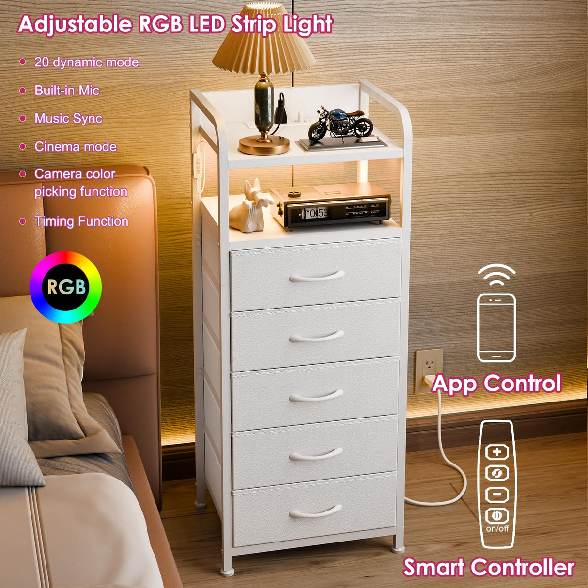 Fixwal Tall Dresser with 5 Drawers for Bedroom, 40 Inch LED Tall Nightstand with Charging Station, Night Stand White Dresser with PU Finish, Bedside Table for Dorm Fixwal