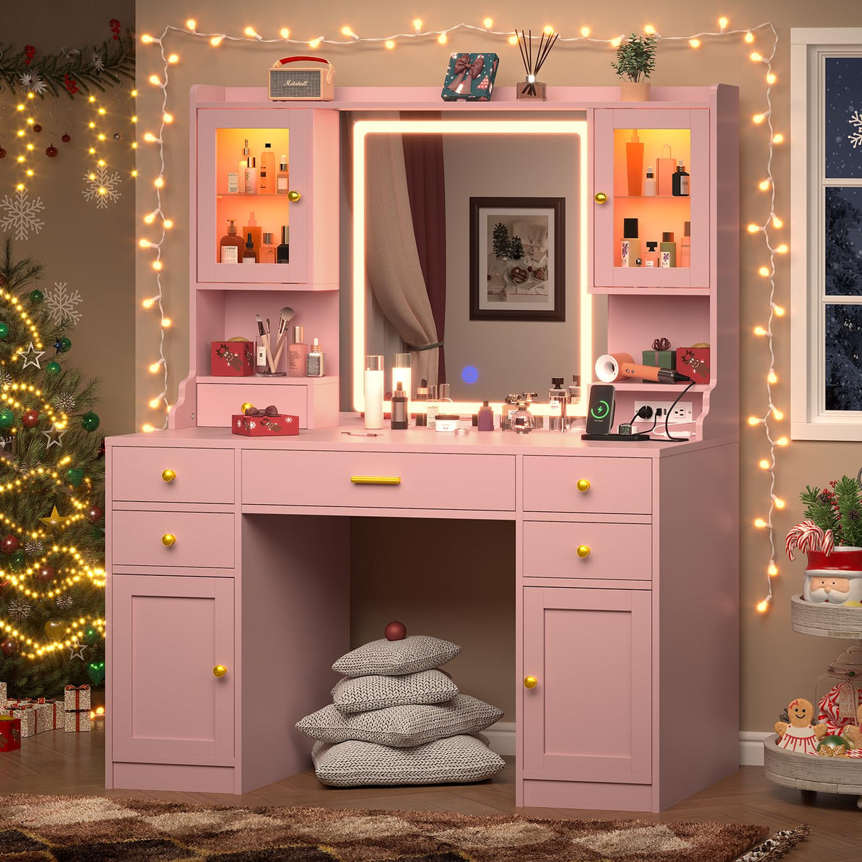 CSZZD Vanity Desk with LED Lighted Mirror, 41.3" Makeup Vanity Table with Power Outlet and Lots Storage, 6 Drawers and Storage Shelves for Bedroom, Dressing Table with RGB Cabinets, Pink CSZZD