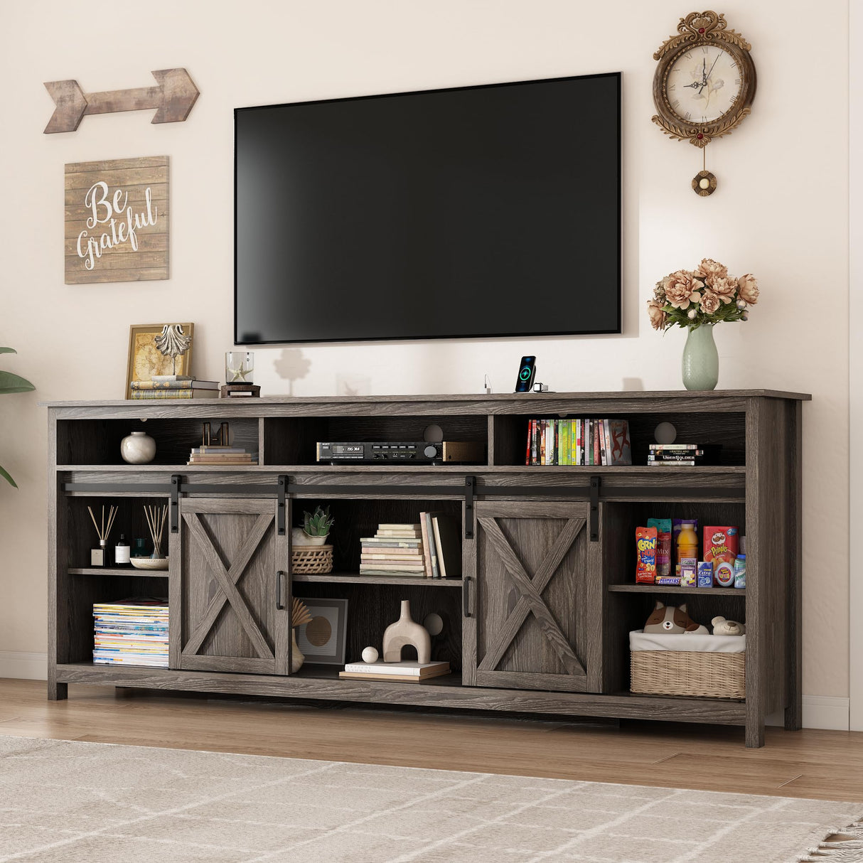 80" LED Farmhouse TV Stand for 90/85/80 Inch TVs,Tall Entertainment Center Storage Cabinets w/Power Outlets and Sliding Barn Door,Rustic TV Stands for Living Room,Media Console Cabinet (Charcoal) Hlivelood