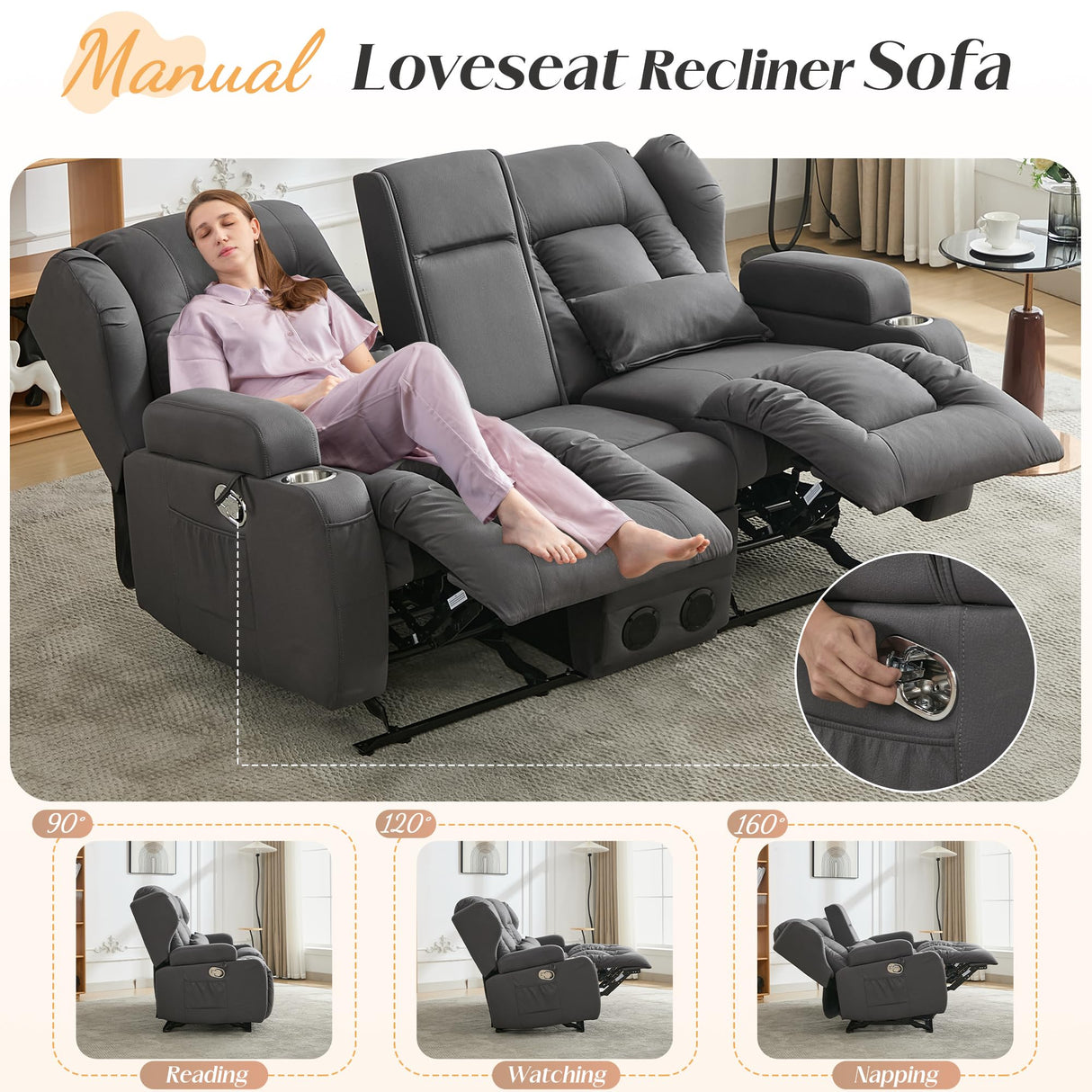 DRMBOOK Loveseat Rocker Recliner Sofa, Leathaire Fabric Dual Reclining Couch with Console, Manual Reclinable Double Seat 2 Person Recliner, RV Movie Seating for Travel Trailers Living Room (Drak Grey) DRMBOOK