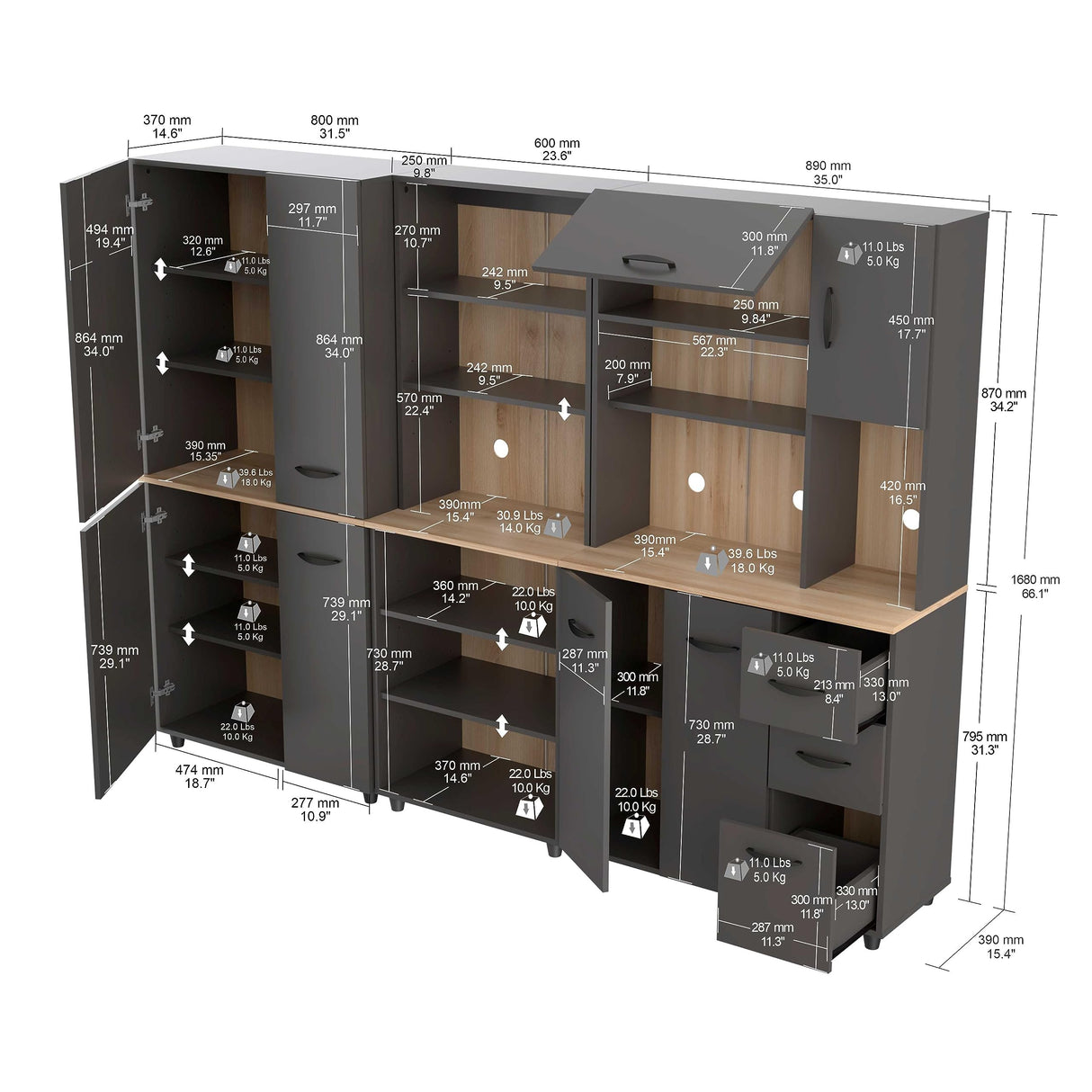 Inval Proforte 3-Piece Garage Storage Cabinet Set with 1 Large 4-Door Cabinet, 3-Drawer Cabinet, and 6-Shelf Cabinet, Dark Gray/Maple Inval