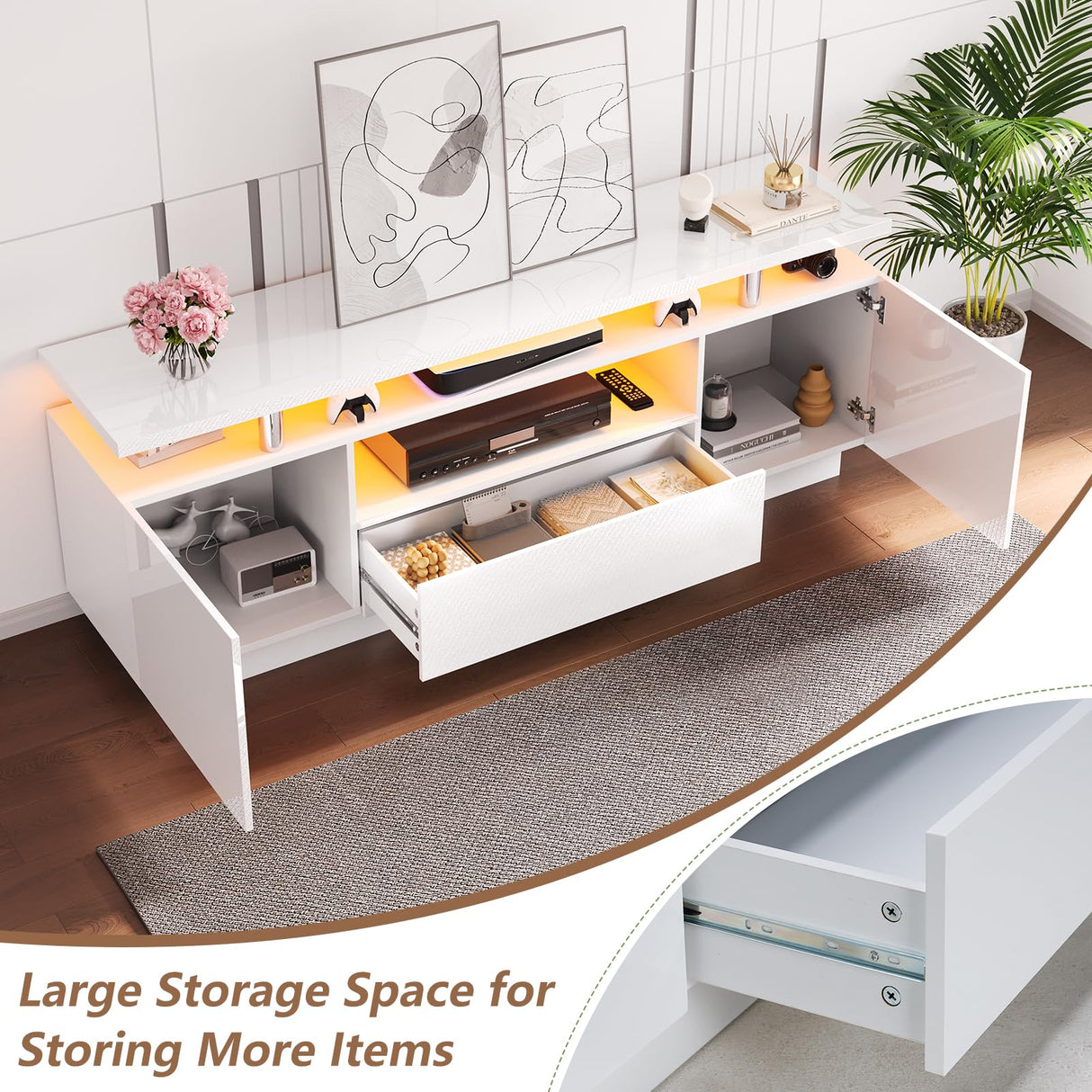 LUXOAK 70in LED TV Stand, Modern Entertainment Center with Open Storage Shelves and Drawer for TVs Up to 80", High Gloss Media for Living Room, Bedroom, Gaming Room, White LUXOAK