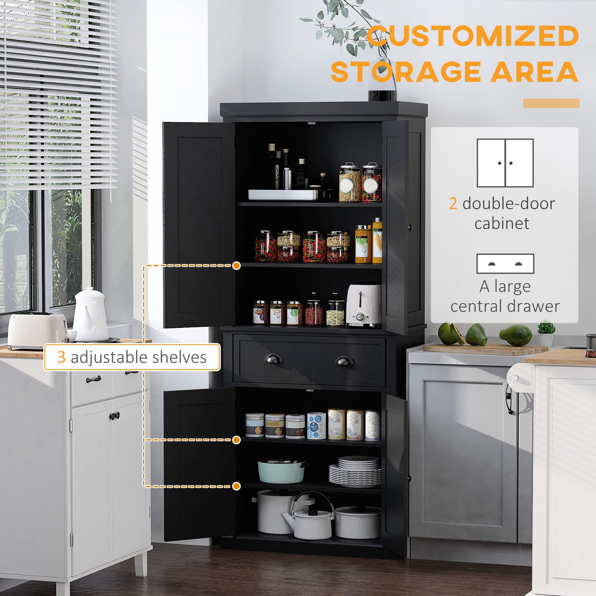 HOMCOM 72" Kitchen Pantry Cabinet, Traditional Freestanding Storage Cabinet with 4 Doors, Drawer and 3 Adjustable Shelves for Dining Room, Black HOMCOM