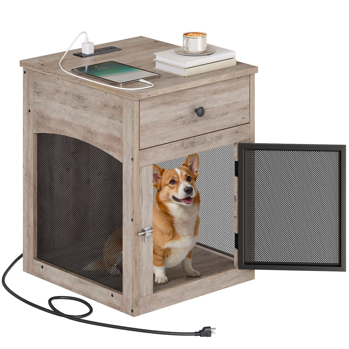 HOOBRO Dog Crate Furniture, Dog Kennel with Drawer and Charging Station, Indoor Decorative Puppy House, Wooden Pet Crate End Table for Small Dogs, Greige and Black BG58UGW03G1 HOOBRO