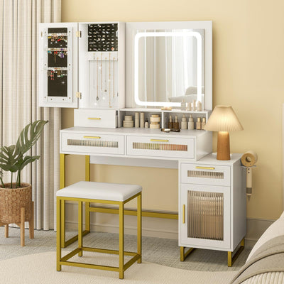 CHARMAID Vanity Desk with Mirror and Lights, White Makeup Vanity Desk with Jewelry Organizer, 4 Drawers, Side Cabinet, Charging Station, 44" Modern Vanity Dressing Table with Stool for Bedroom