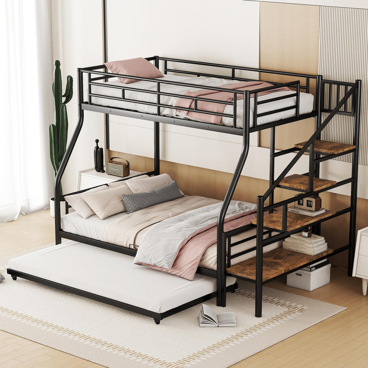 Twin Over Full Metal Bunk Beds with Trundle,Heavy-Duty Metal Bunk Bed Frame with Storage Staircase for Kids,Teens,Adults,Space-Saving,Black Bellemave