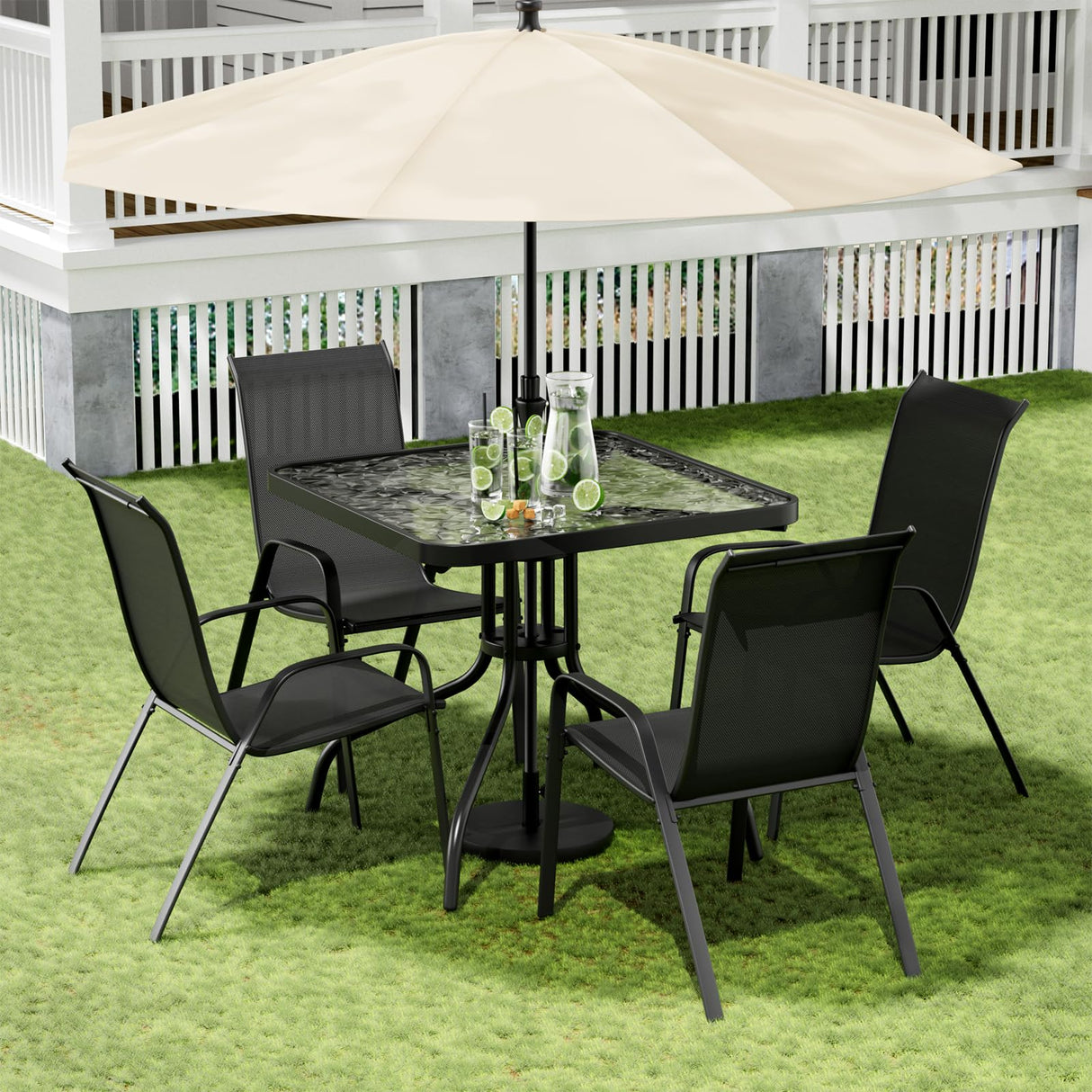 Arlopu 5 Piece Outdoor Patio Dining Set (Umbrella not Included), Porch Furniture with 4 Textline Chairs, 1 Square Glass Table for Garden, Backyard and Poolside, Lawn (Black) Arlopu