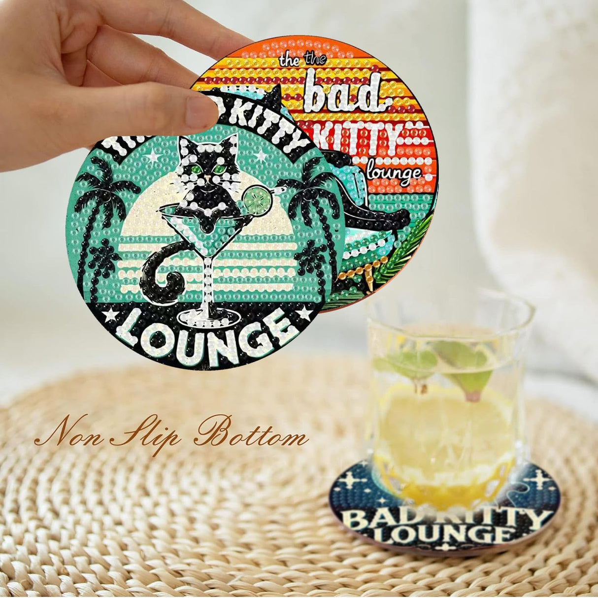 Yijingtop 8PCS Funny Cat Diamond Painting Coaster Kit with Holder,Bad Kitty Diamond Art Coasters,Crafts Kits for DIY Coasters Diamond Art Kits for Adults Yijingtop