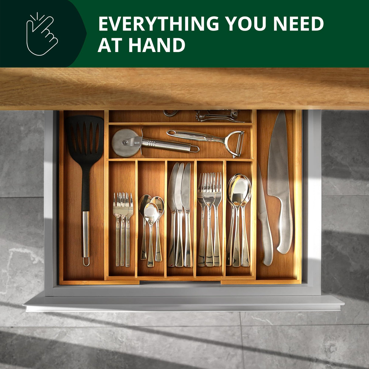 Luxury Bamboo Kitchen Drawer Organizer - Silverware Organizer - Utensil Holder and Cutlery Tray with Grooved Drawer Dividers for Flatware and Kitchen Utensils (9 Slot, Natural) ROYAL CRAFT WOOD