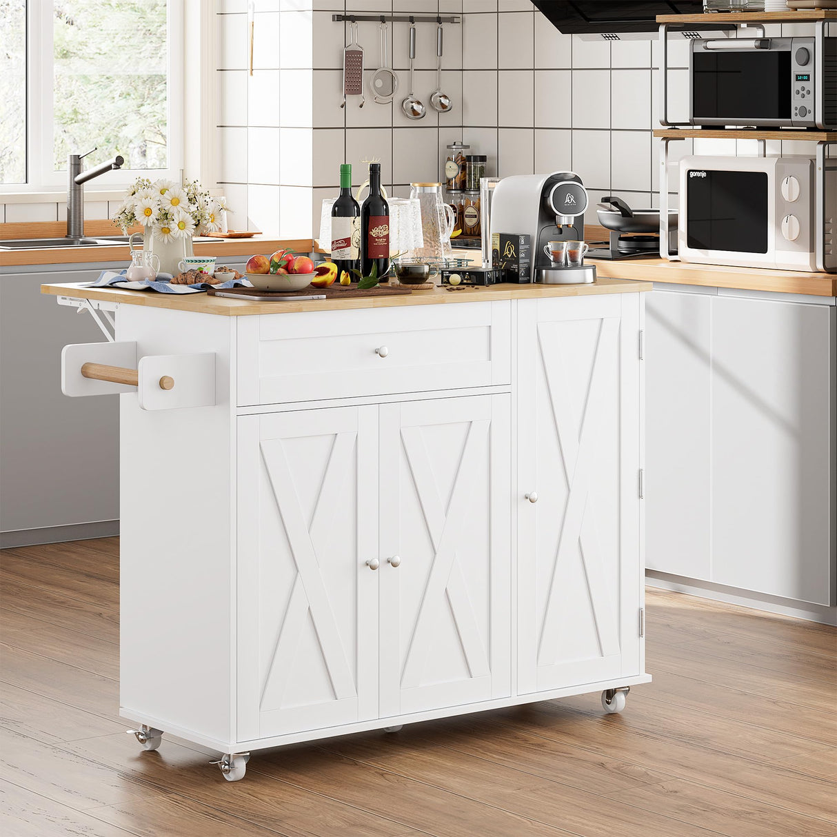 BOTLOG Kitchen Island with Storage, Island Table on Wheels with Drop Leaf, Spice Rack, Drawer, Towel Rack, Rolling Kitchen Island Cart for Dinning Room, White 15.7-27.55" D x 47.63" W x 35.43" H BOTLOG
