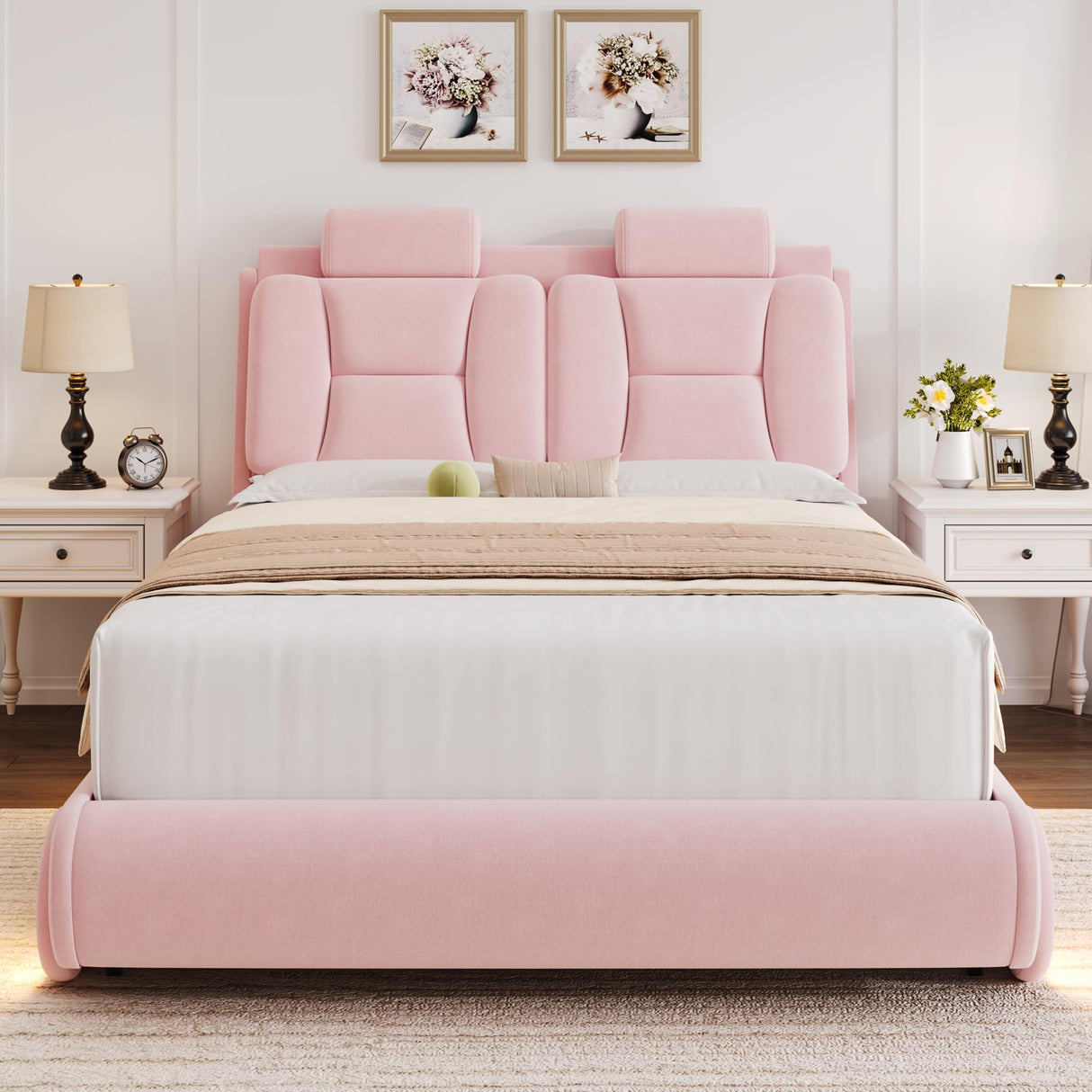 Queen Upholstered Led Bed Frame with Wheels Decor & Adjustable Curved Headboard Modern Car-Shaped Platform Bed with Detachable Pillows Solid Wooden Slats Support No Box Spring Needed, Velvet Pink Keyluv