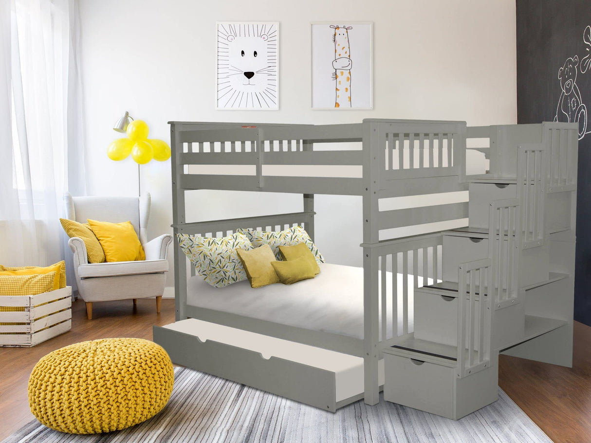 Bedz King Bunk Beds Full over Full with 4 Drawers in the Steps and a Twin Trundle, Gray Bedz King