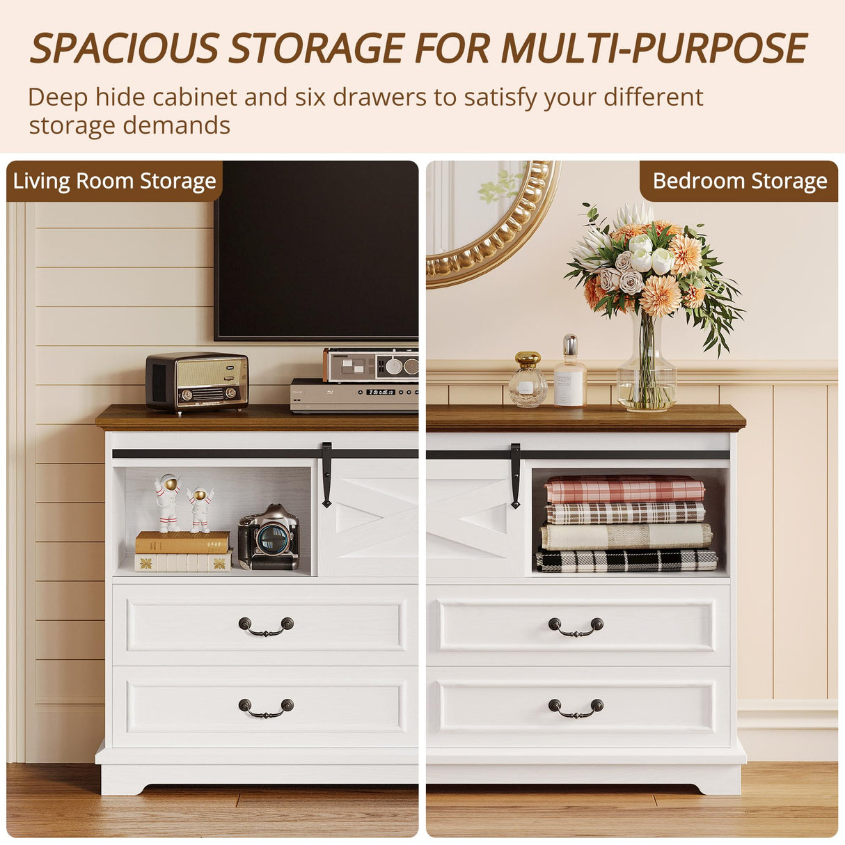 IRONCK Farmhouse 6 Drawers Dresser for Bedroom, 55.1" Large Wooden Chest of Drawers with Sliding Barn Door, White/Walnut IRONCK