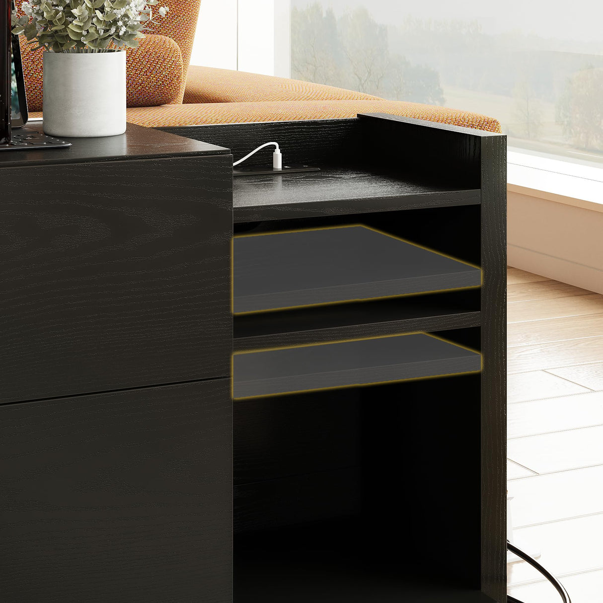 LIKIMIO Black Night Stand with Shelves, Charging Station & LED, 2 Drawer Wooden Bedside Table Record Player Stand for Bedroom, Entryway, Large LIKIMIO