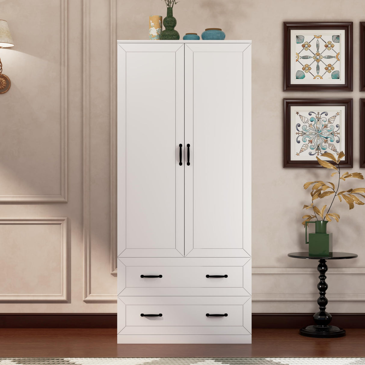 NewBeth 71" Wood Armoire Wardrobe Closet with 2 Doors and 2 Drawers, Clothes Storage Organizer Cabinets with Hanging Rod Freestanding Wardrobe for Bedroom, White (Style 2) NewBeth