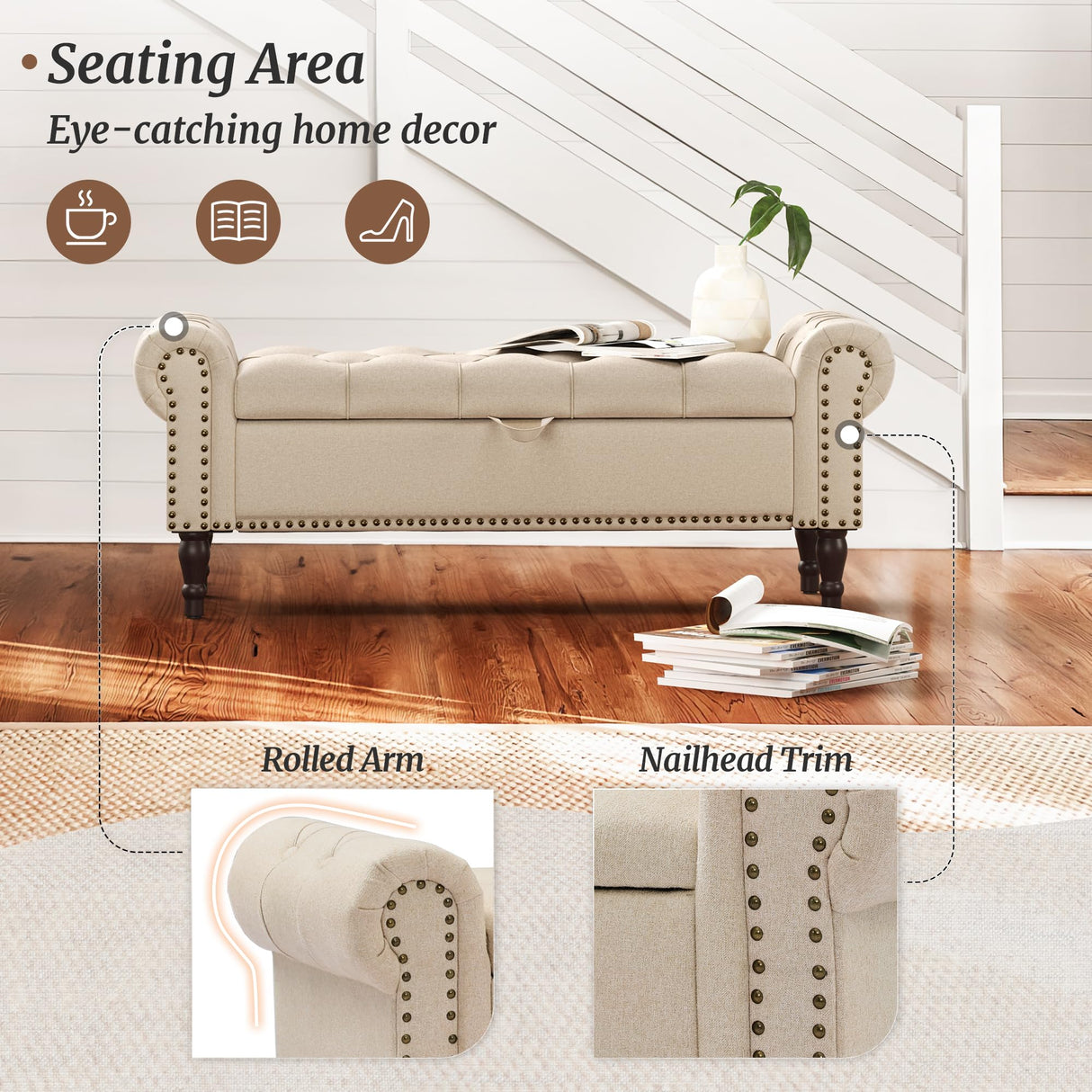 Cozyman Storage Bench, 50” Queen Linen Tufted Button End of Bed Bench with Rolled Arm and Nailhead Trim, Upholstered Bedroom Bench, Ottoman Bench for End of Bed, Living Room, Entryway, Wheat Color Cozyman