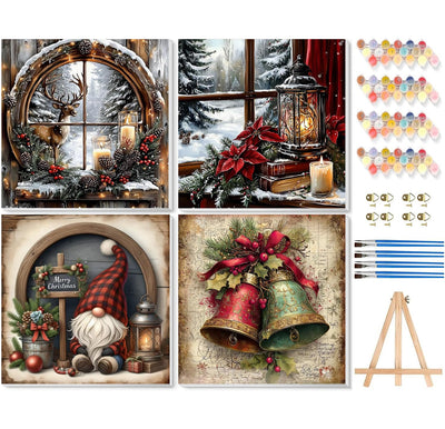 VIGEGU 4 Pack Christmas Paint by Numbers Kit for Adults with Framed,Deer Bell Lantern Gnome Paint by Number with Wooden Easel DIY Adult Painting by Number Kits for Wall Decor for Wall Decor 12x12in