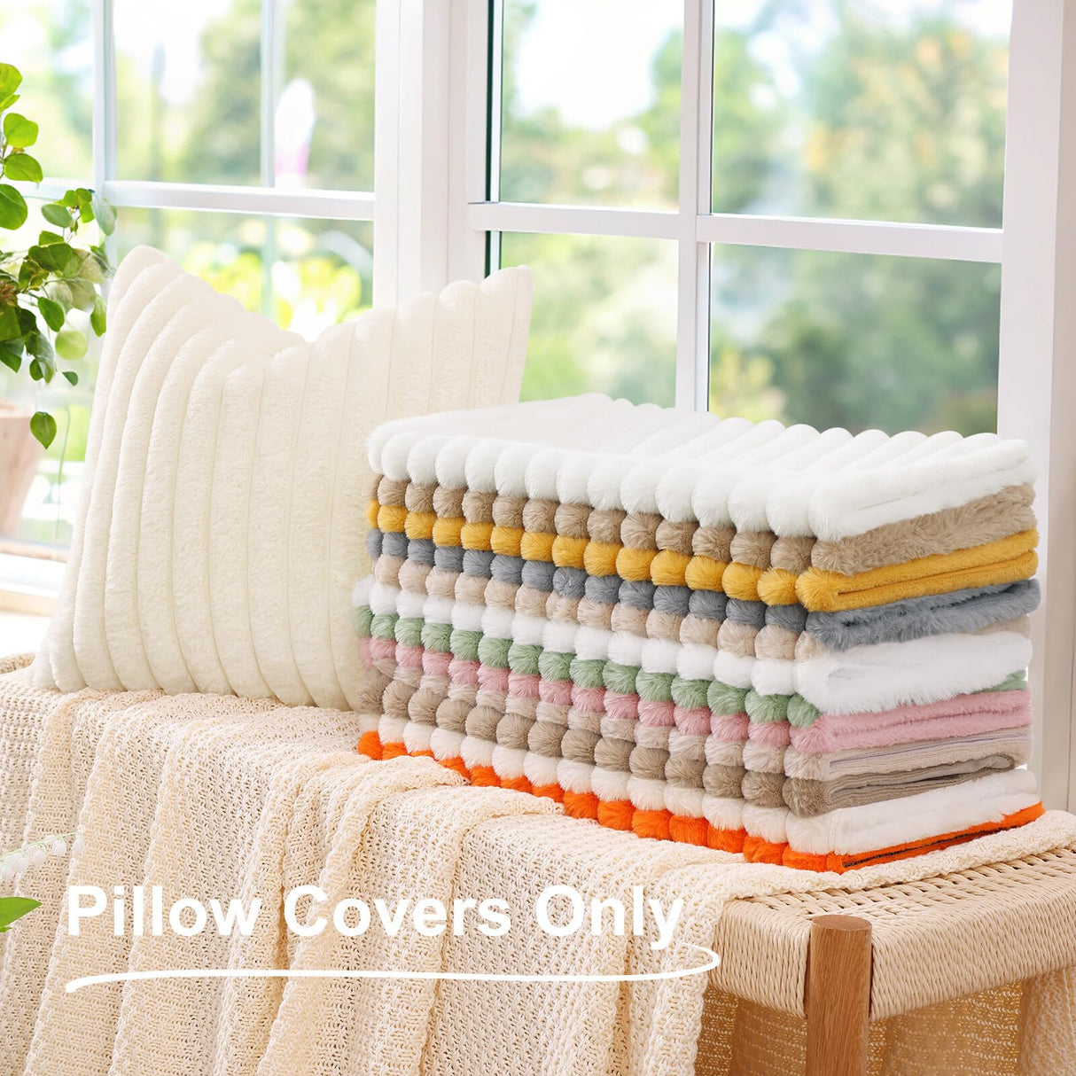 decorUhome Faux Fur Christmas Throw Pillow Covers 18x18 Set of 2, Decorative Soft Plush Striped Neutral Couch Euro Pillow Covers with Velvet Back for Sofa, Bed, Living Room Home Decor, Cream White decorUhome