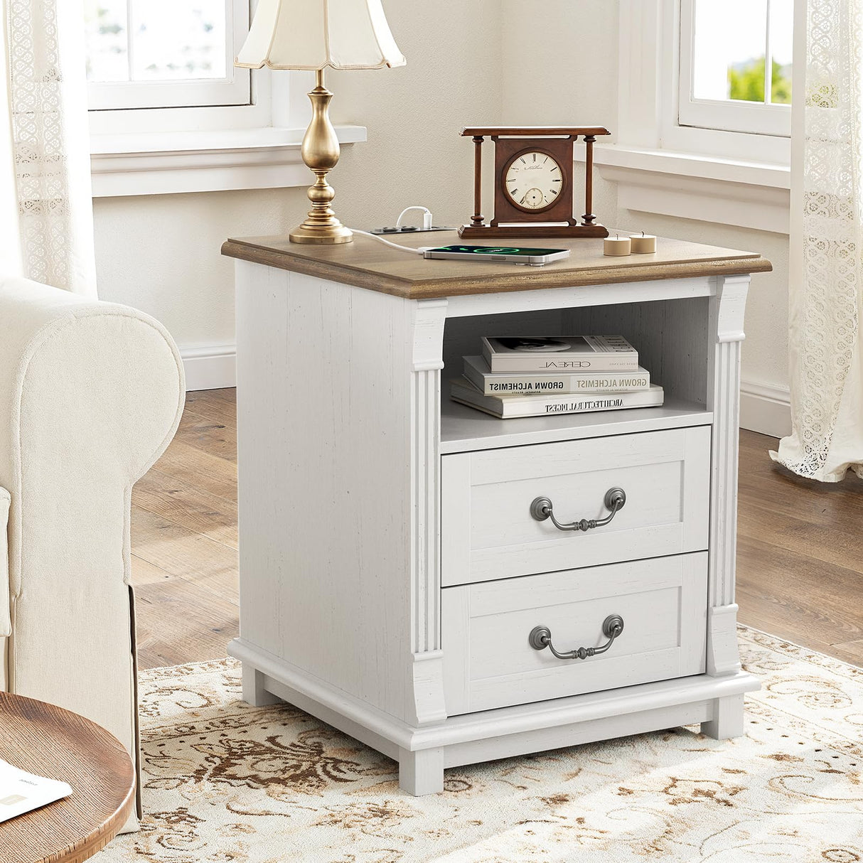 Amada Farmhouse Nightstand with Charging Station, 2 Drawers Wood Side Table Roman Column Style, Vintage Bedside Table for Bedroom with Open Shelf (Oak and White, 1Pack) AMADA HOMEFURNISHING