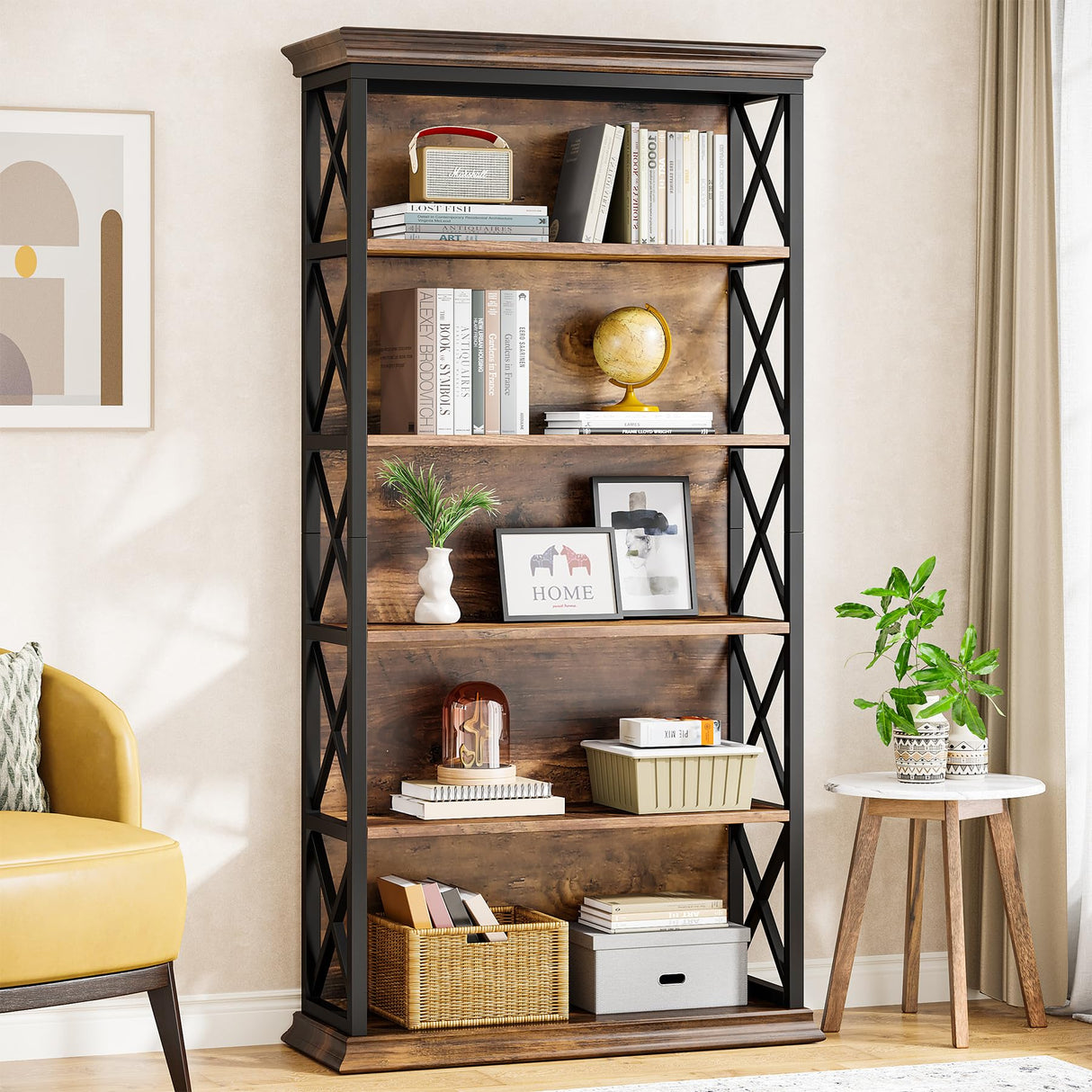 Tribesigns 6-Tier Industrial Bookshelf – 71 Inch Tall Bookcase with X Pattern Accents in Brown and Black Tribesigns