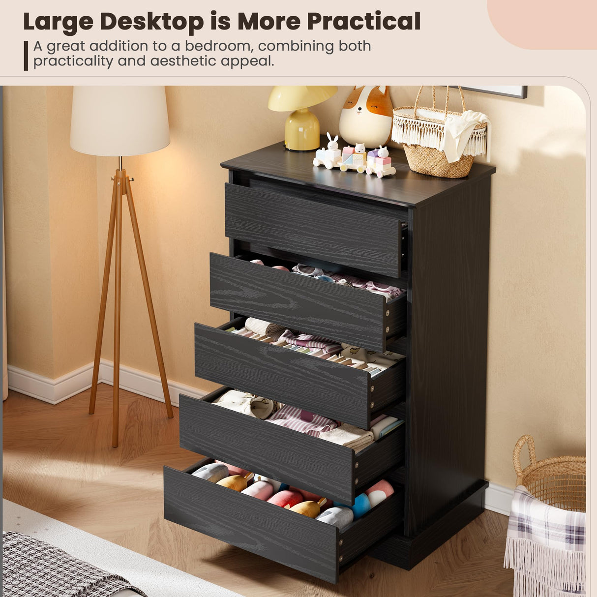 GarveeHome 5 Drawer Dressers for Bedroom, Chest of Drawers with Deep Drawers, Large Double Dresser for Closet with Wide Top, Tall Wooden Dresser for Living Room, Hallway, Kids Room, Black GarveeHome